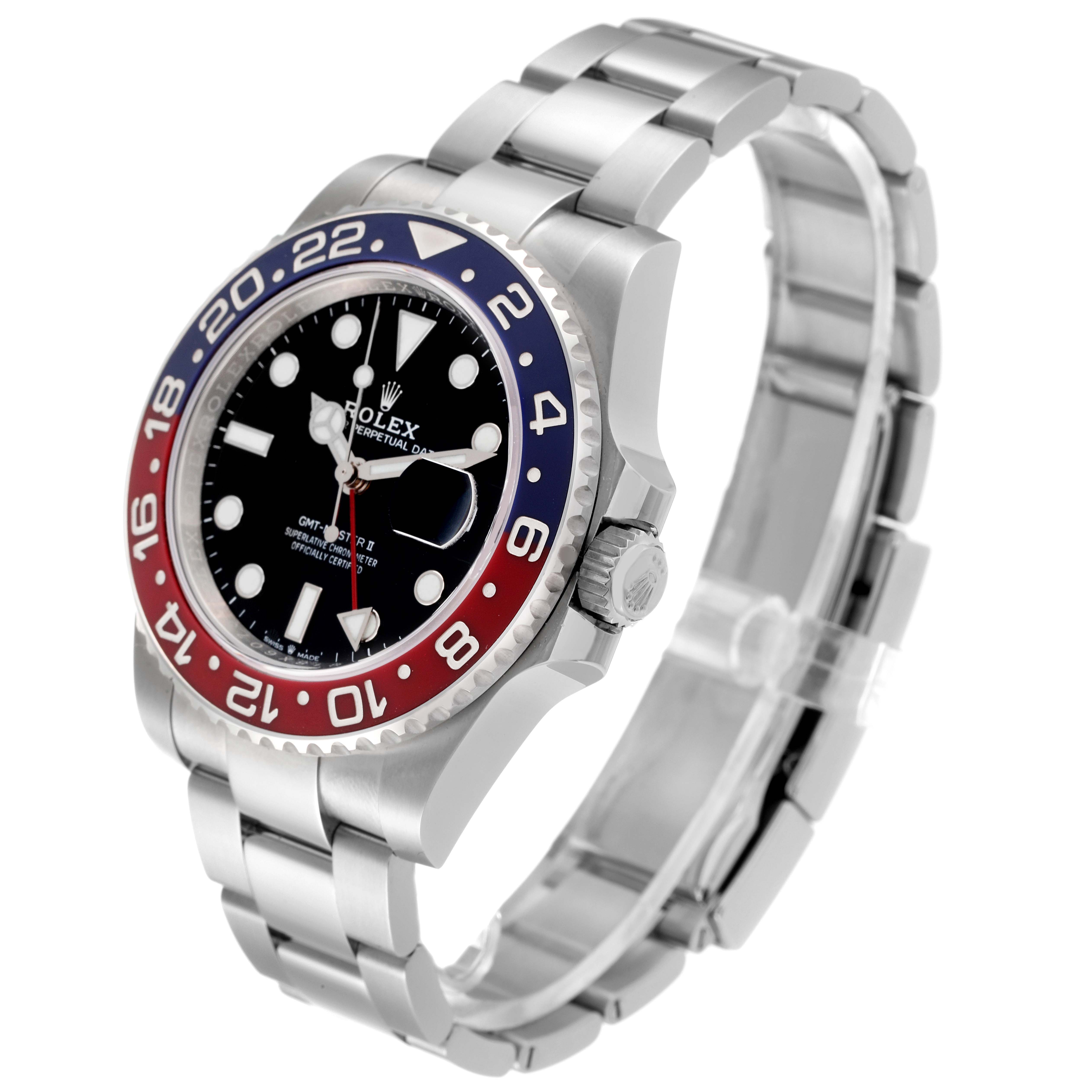 This image shows a side view of the Rolex GMT-Master 126710 Men's Stainless Steel Black Dial 126710 Men's Stainless Steel Black Dial watch, highlighting the bezel, dial, crown, and bracelet.