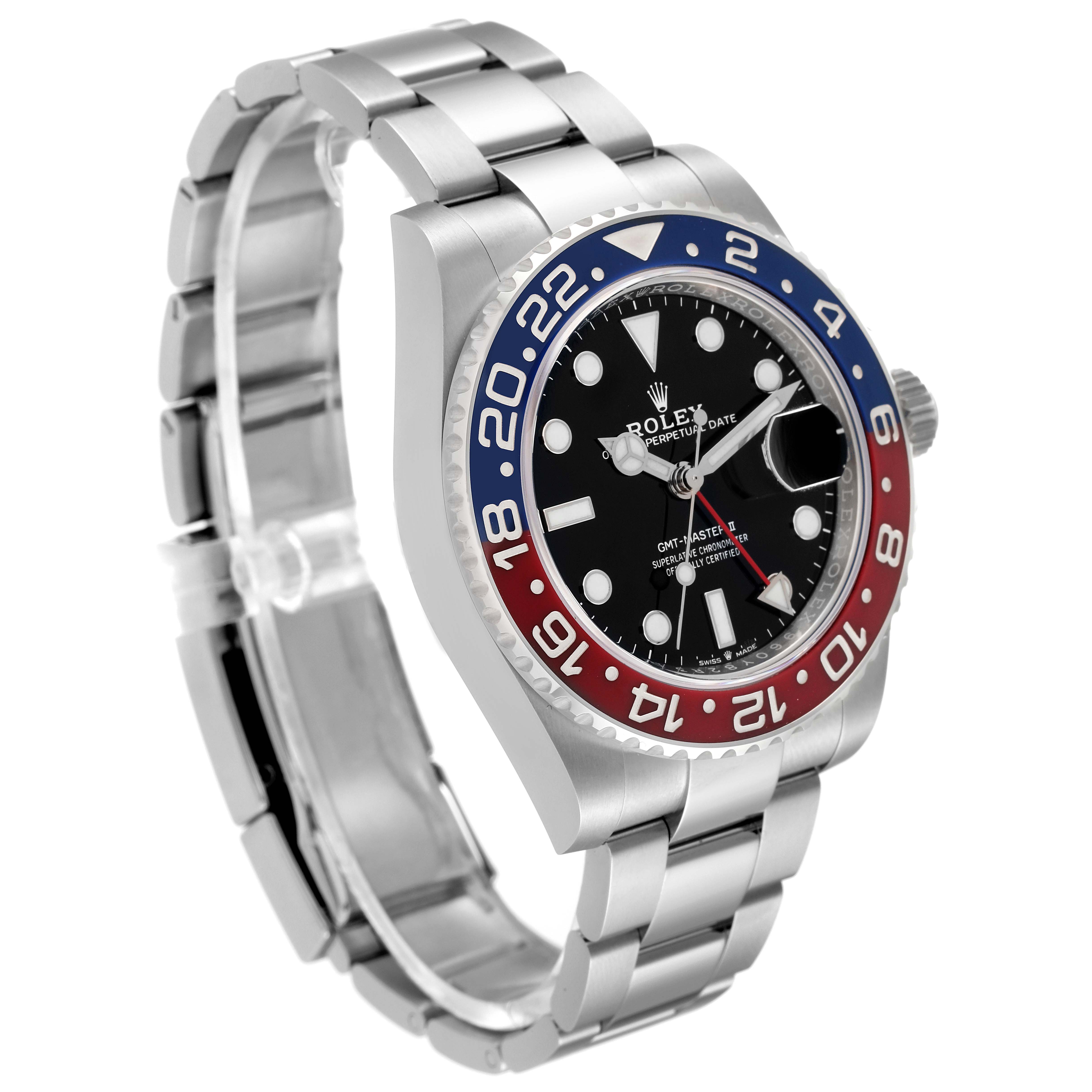The Rolex GMT-Master 126710 Men's Stainless Steel Black Dial 126710 Men's Stainless Steel Black Dial watch is shown at a 3/4 angle, highlighting its bezel, dial, and bracelet.
