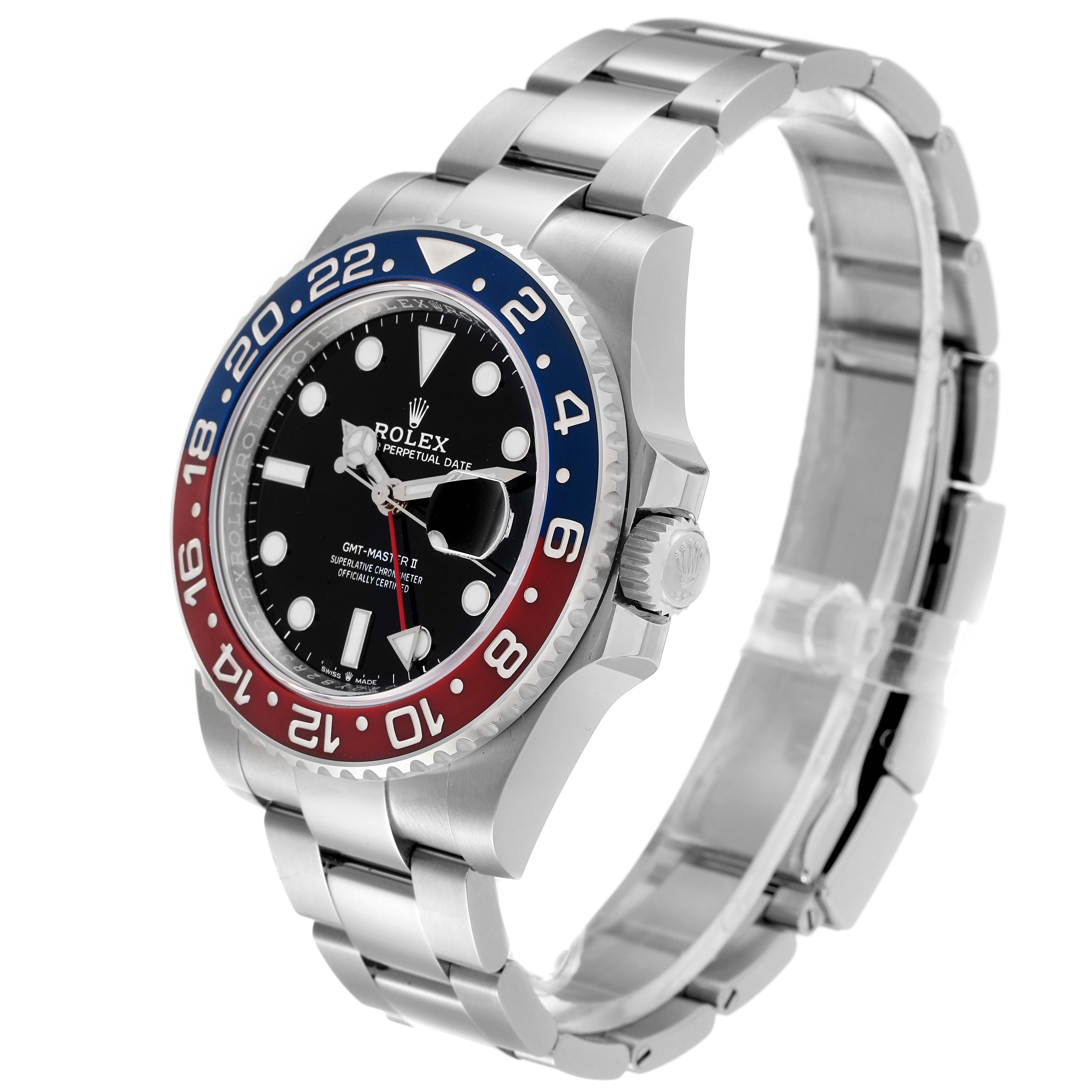 This image shows a Rolex GMT-Master 126710 Men's Stainless Steel Black Dial 126710 Men's Stainless Steel Black Dial II watch at a three-quarter angle, showcasing the bezel, dial, bracelet, and crown.