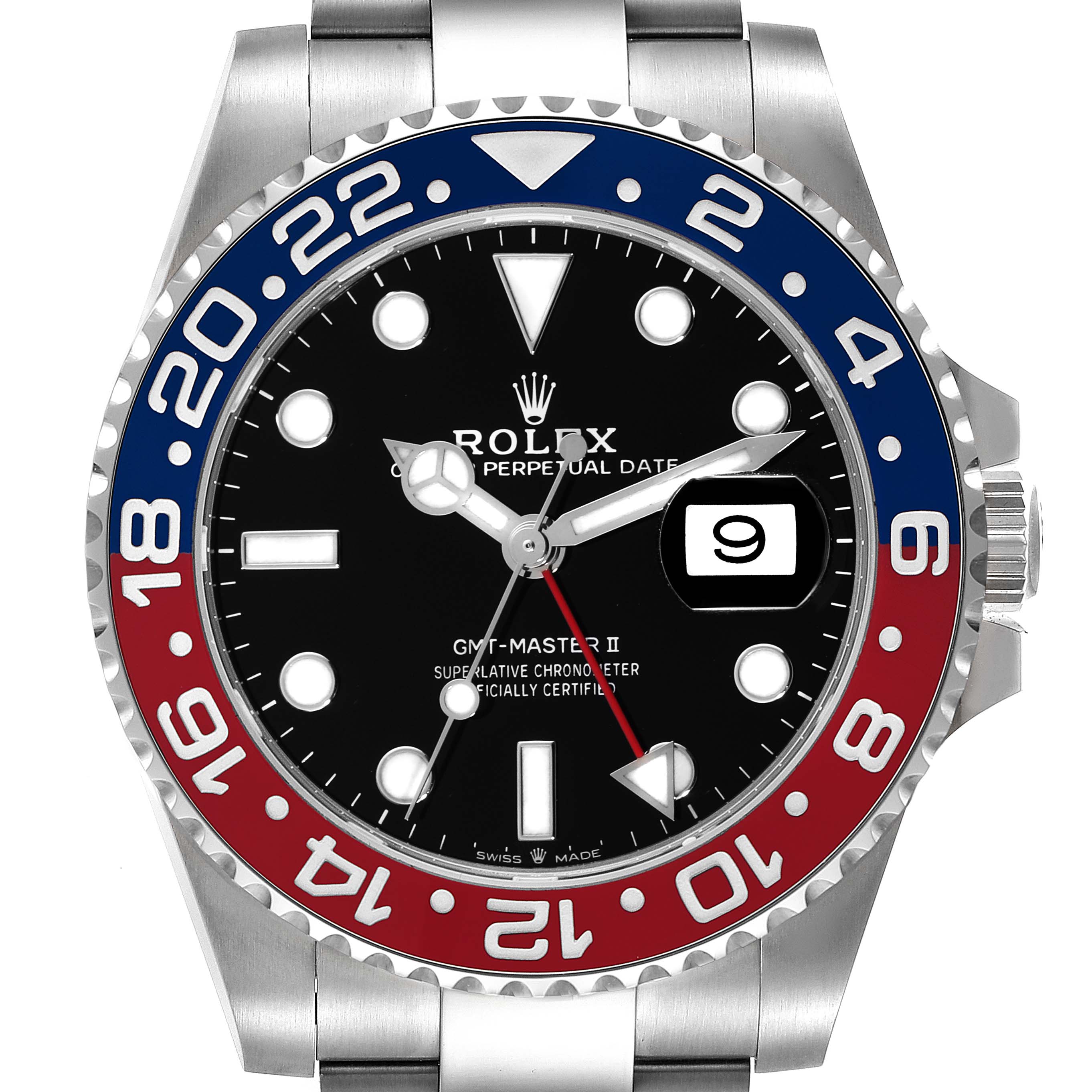 This is a front view of the Rolex GMT-Master 126710 Men's Stainless Steel Black Dial 126710 Men's Stainless Steel Black Dial II showing the watch face, bezel, hands, and part of the bracelet.