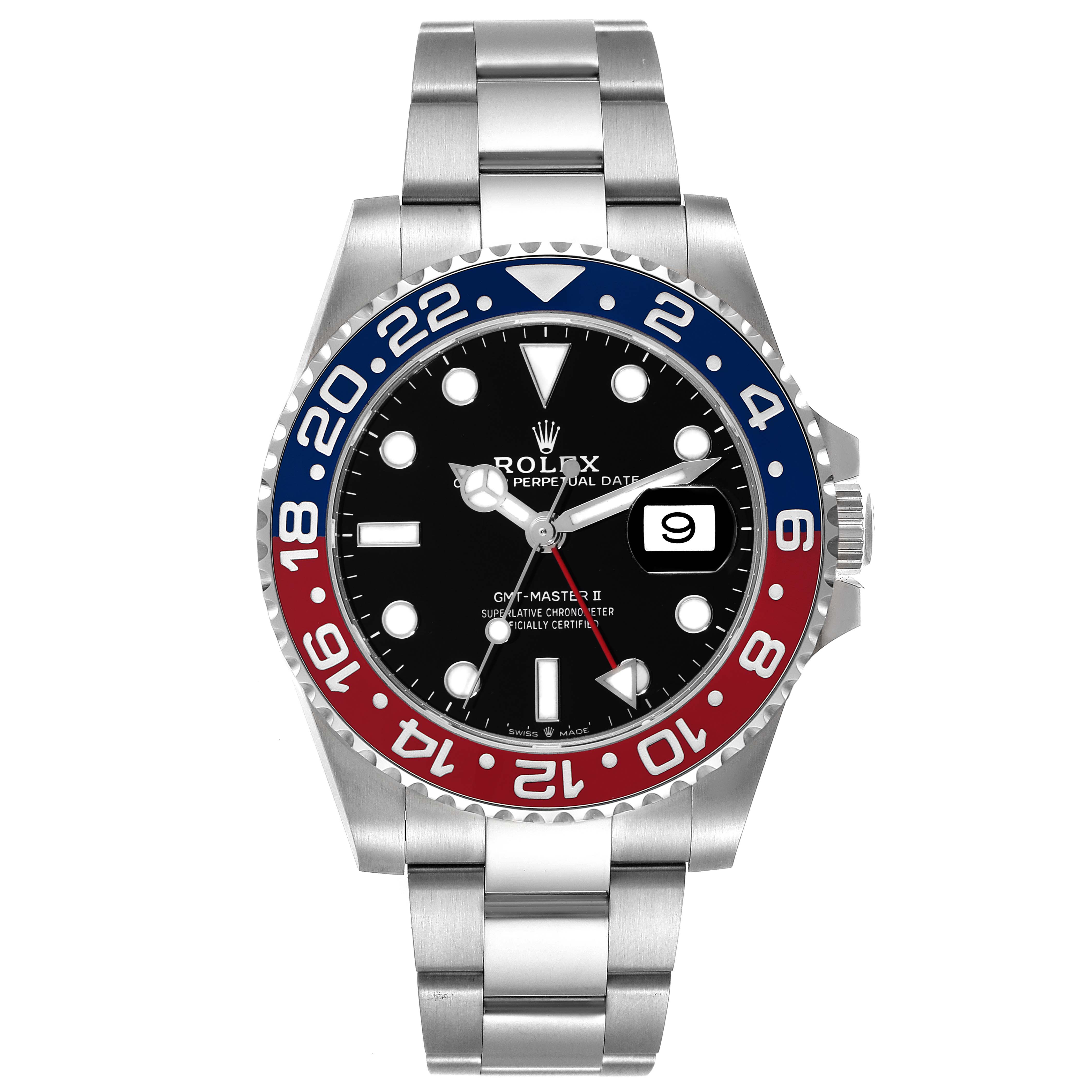 The image shows a front view of the Rolex GMT-Master 126710 Men's Stainless Steel Black Dial 126710 Men's Stainless Steel Black Dial II watch, highlighting the bezel, dial, bracelet, and date display.