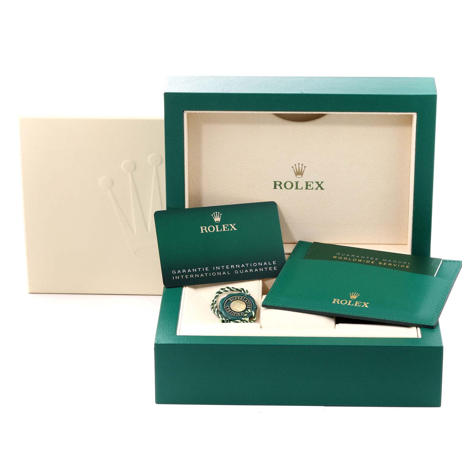 The image shows the packaging and accessories for a Rolex GMT-Master 126710 Men's Stainless Steel Black Dial 126710 Men's Stainless Steel Black Dial, including the box, warranty cards, and booklet.