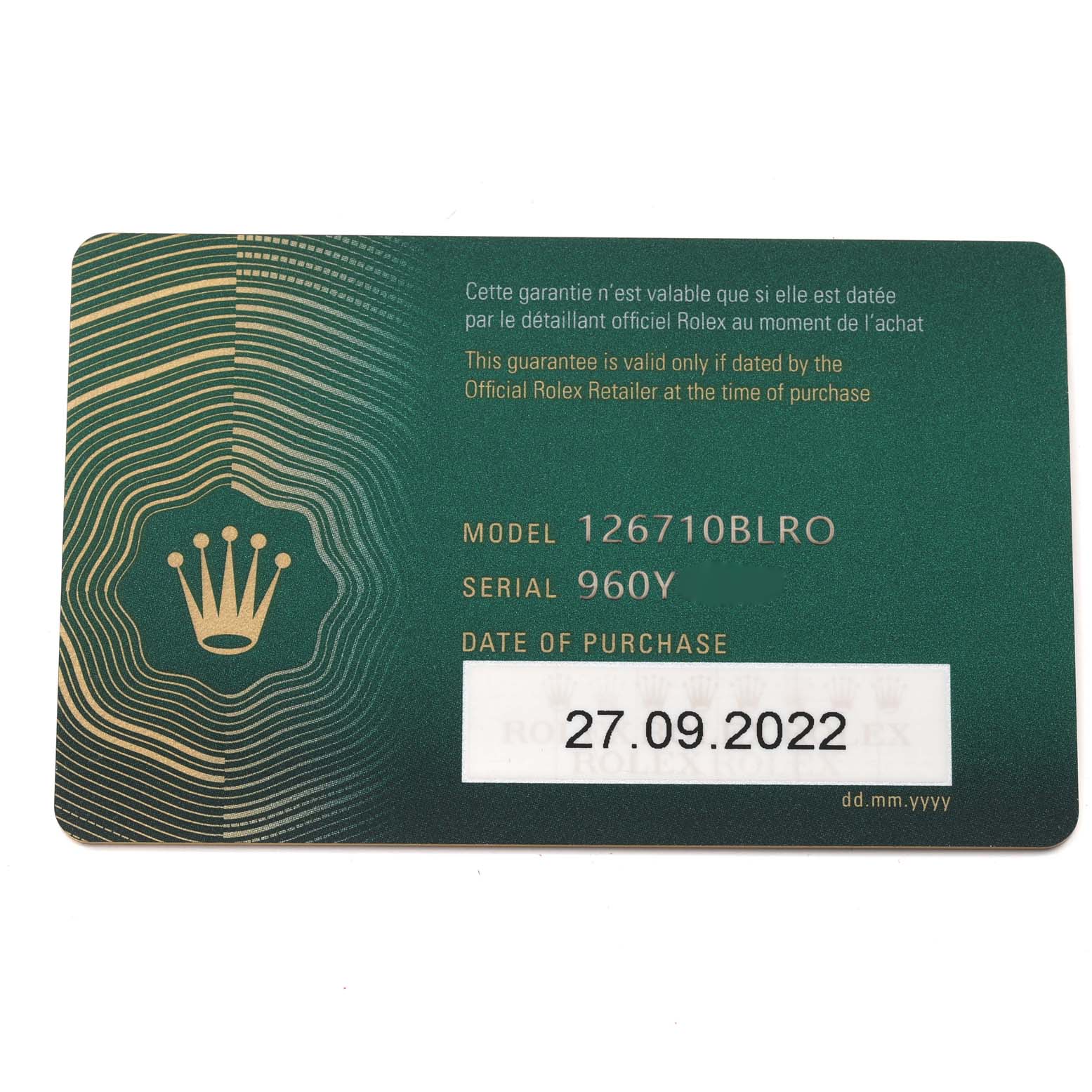 This image shows the warranty card for a Rolex GMT-Master 126710 Men's Stainless Steel Black Dial 126710 Men's Stainless Steel Black Dial model, including model number 126710BLRO, serial number, and purchase date.