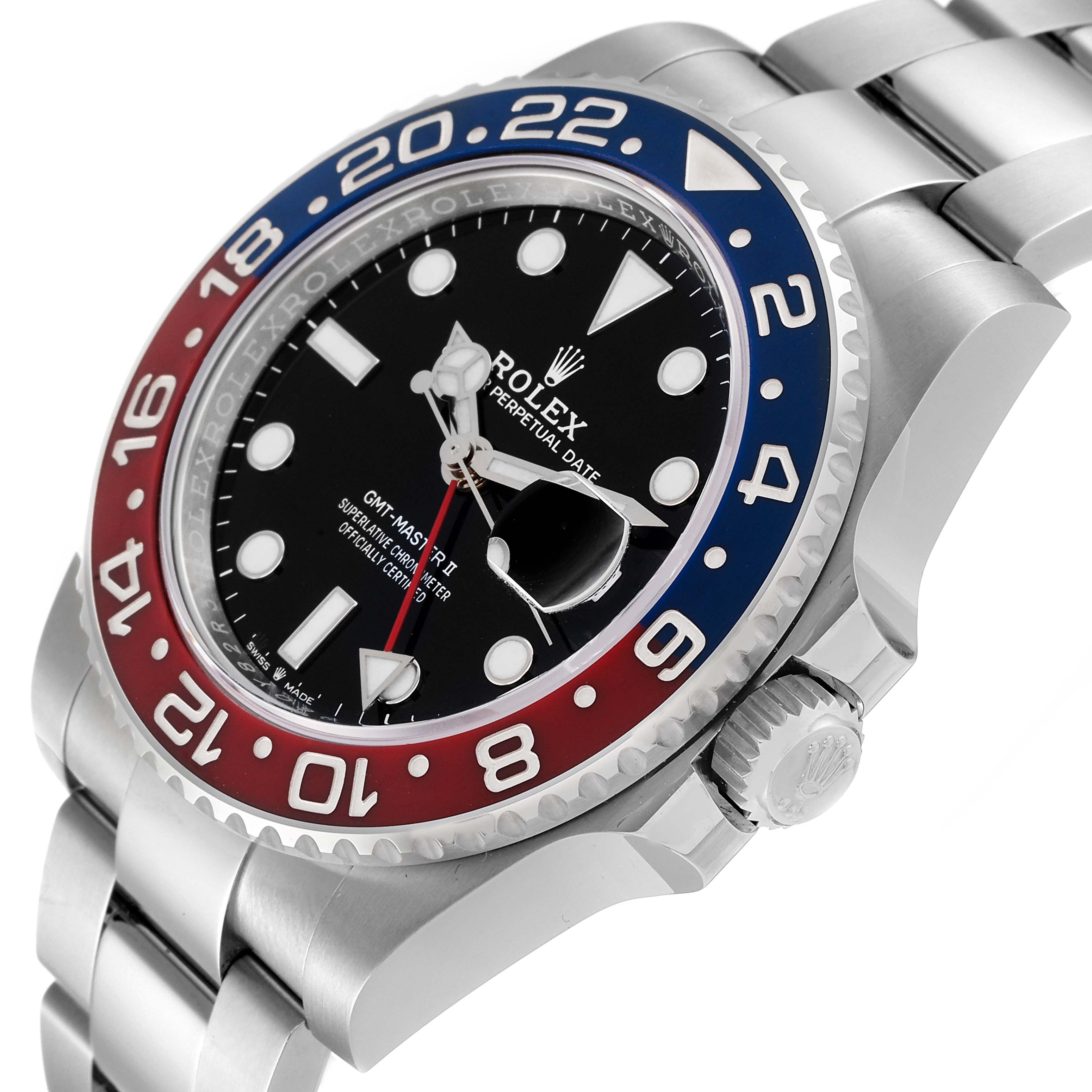 The image shows a side angle of a Rolex GMT-Master 126710 Men's Stainless Steel Black Dial 126710 Men's Stainless Steel Black Dial II watch, highlighting its bezel, dial, and bracelet link.