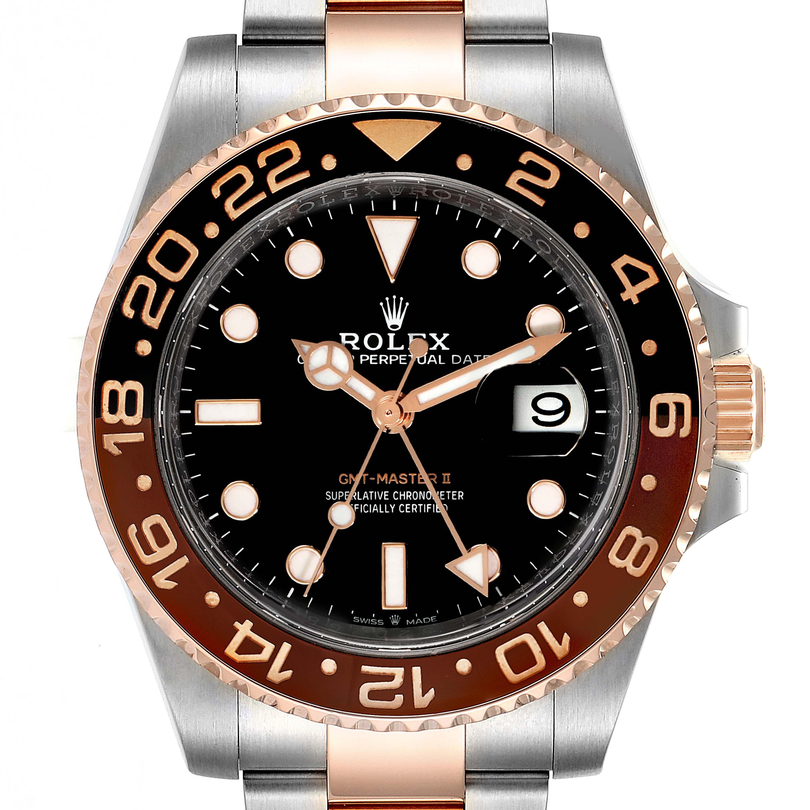 The image shows a front view of the Rolex GMT-Master 126711 Men's Steel and Gold (two tone) Black Dial 126711 Men's Steel and Gold (two tone) Black Dial II watch, highlighting the bezel, dial, hands, and parts of the bracelet.