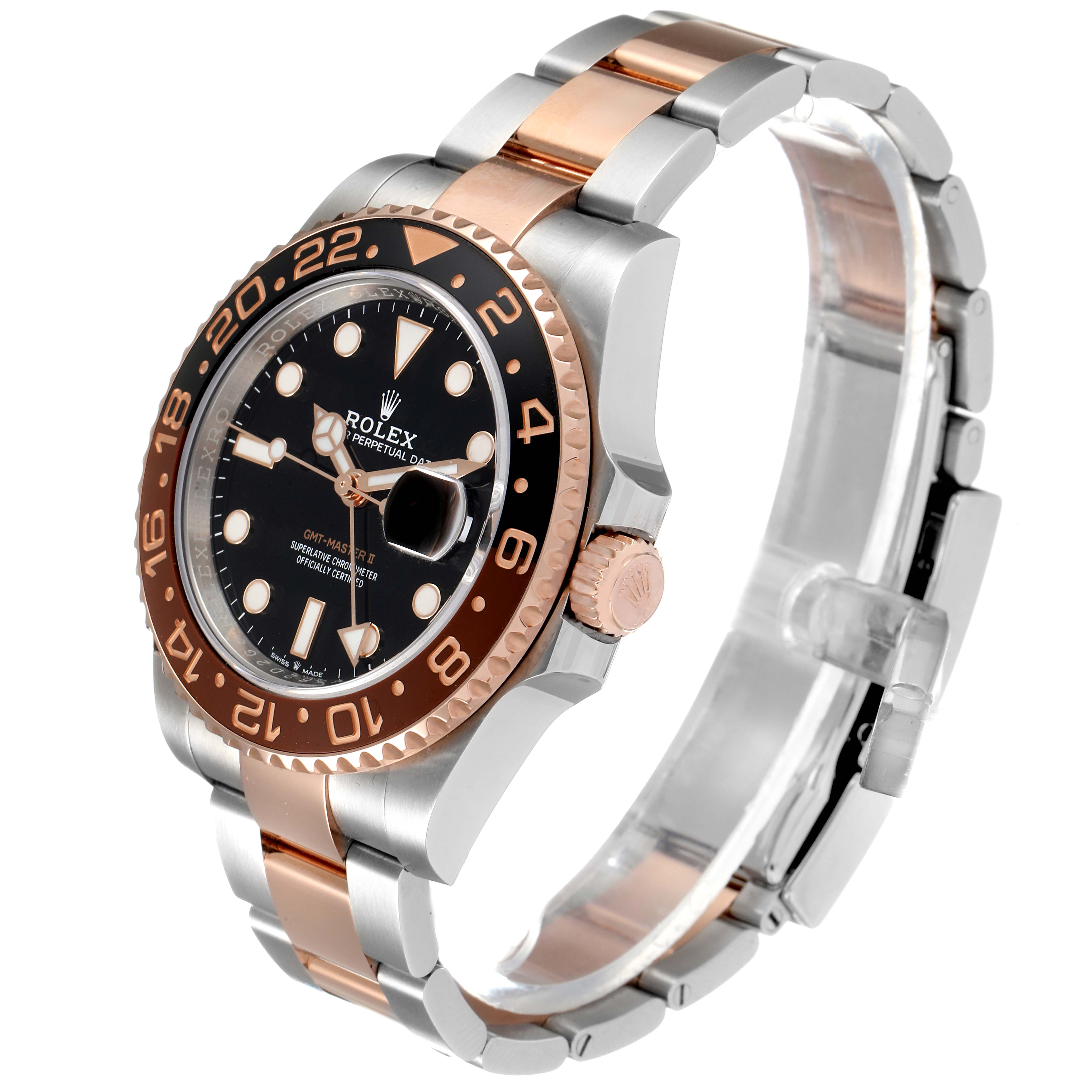 The Rolex GMT-Master 126711 Men's Steel and Gold (two tone) Black Dial 126711 Men's Steel and Gold (two tone) Black Dial watch is shown at an angled view, highlighting its bezel, crown, dial, and two-tone bracelet.