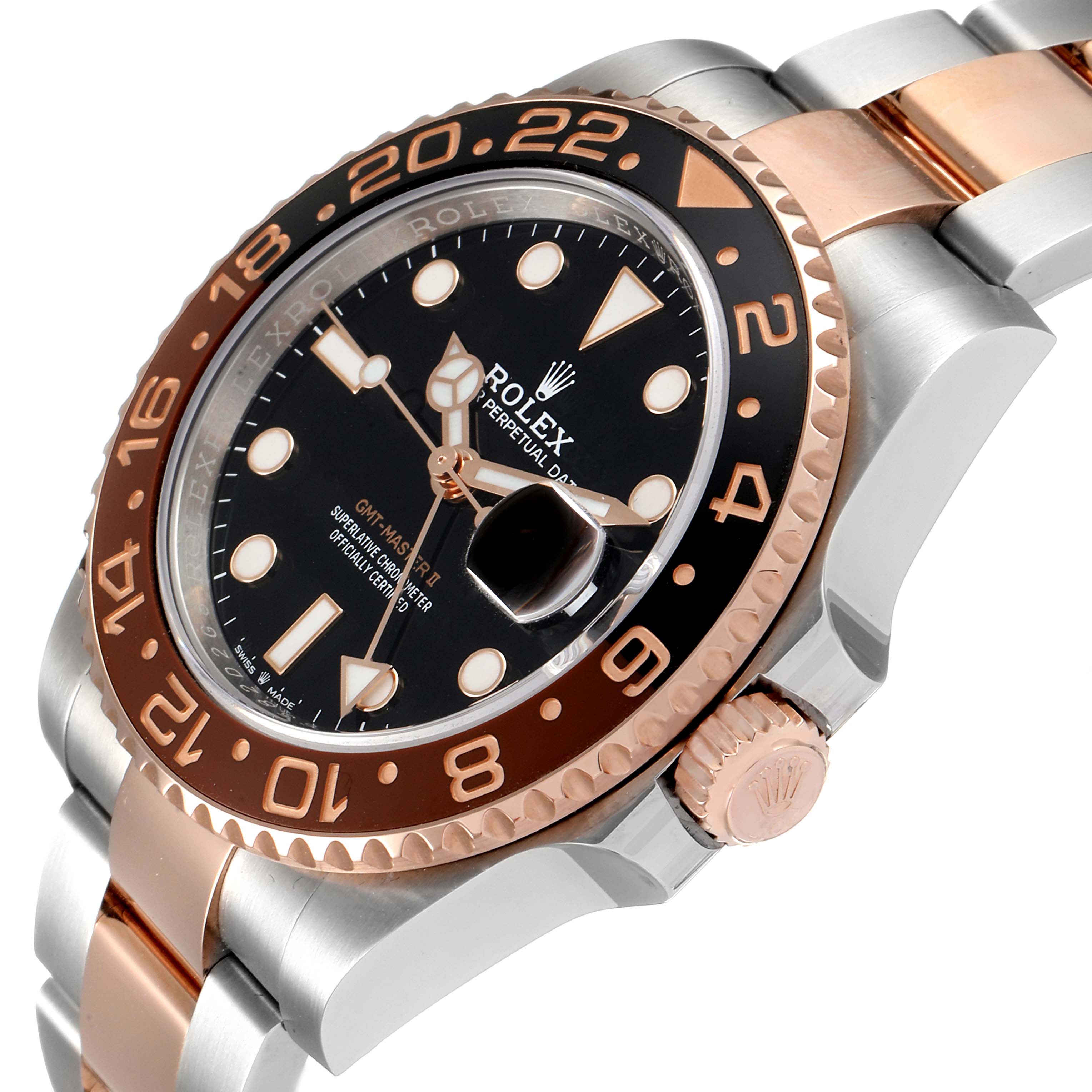 The image shows a Rolex GMT-Master 126711 Men's Steel and Gold (two tone) Black Dial 126711 Men's Steel and Gold (two tone) Black Dial watch from an angled side view, highlighting the bezel, dial, crown, and part of the bracelet.