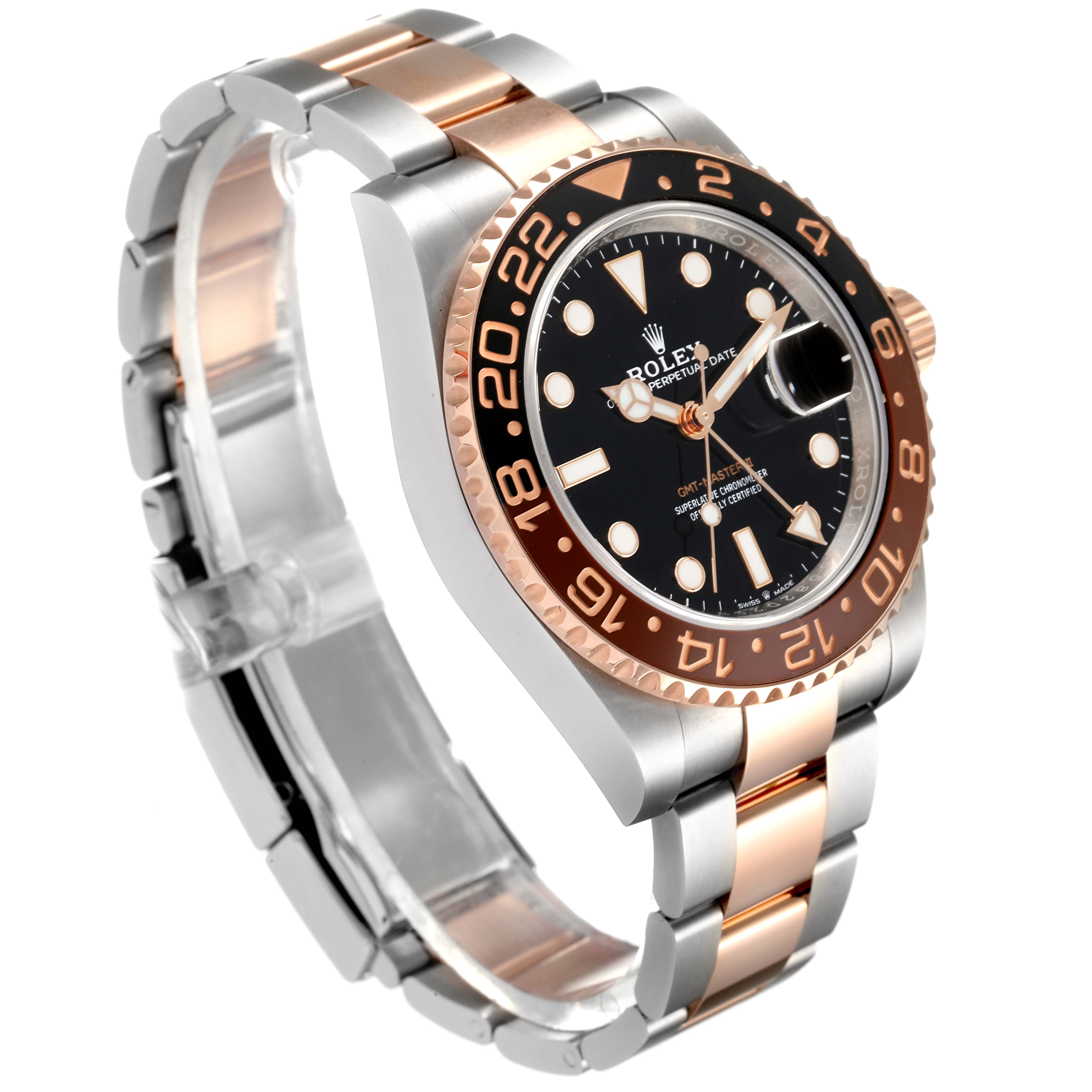 The Rolex GMT-Master 126711 Men's Steel and Gold (two tone) Black Dial 126711 Men's Steel and Gold (two tone) Black Dial watch is shown at a front-side angle highlighting the black dial, two-tone bezel, and bracelet.
