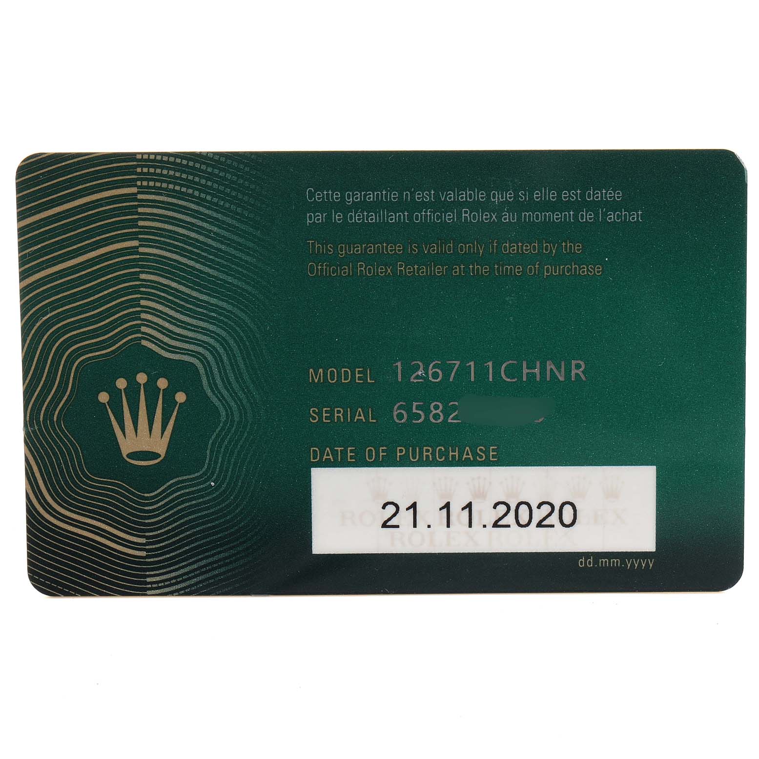 This image shows the guarantee card for a Rolex GMT-Master 126711 Men's Steel and Gold (two tone) Black Dial 126711 Men's Steel and Gold (two tone) Black Dial model 126711CHNR, dated 21.11.2020.