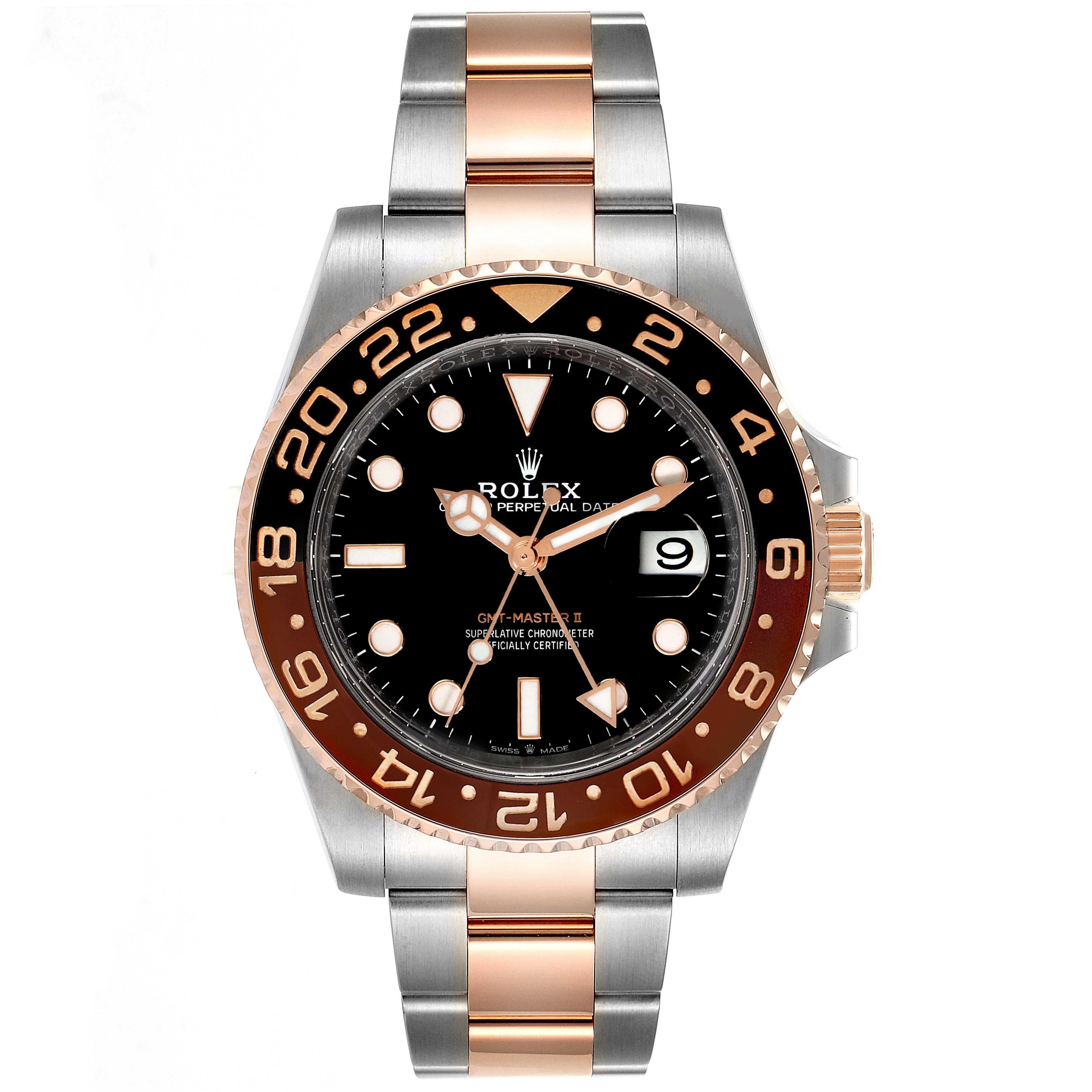 The image displays a Rolex GMT-Master 126711 Men's Steel and Gold (two tone) Black Dial 126711 Men's Steel and Gold (two tone) Black Dial II watch, showcasing the face, bezel, and bracelet in a front-facing angle.