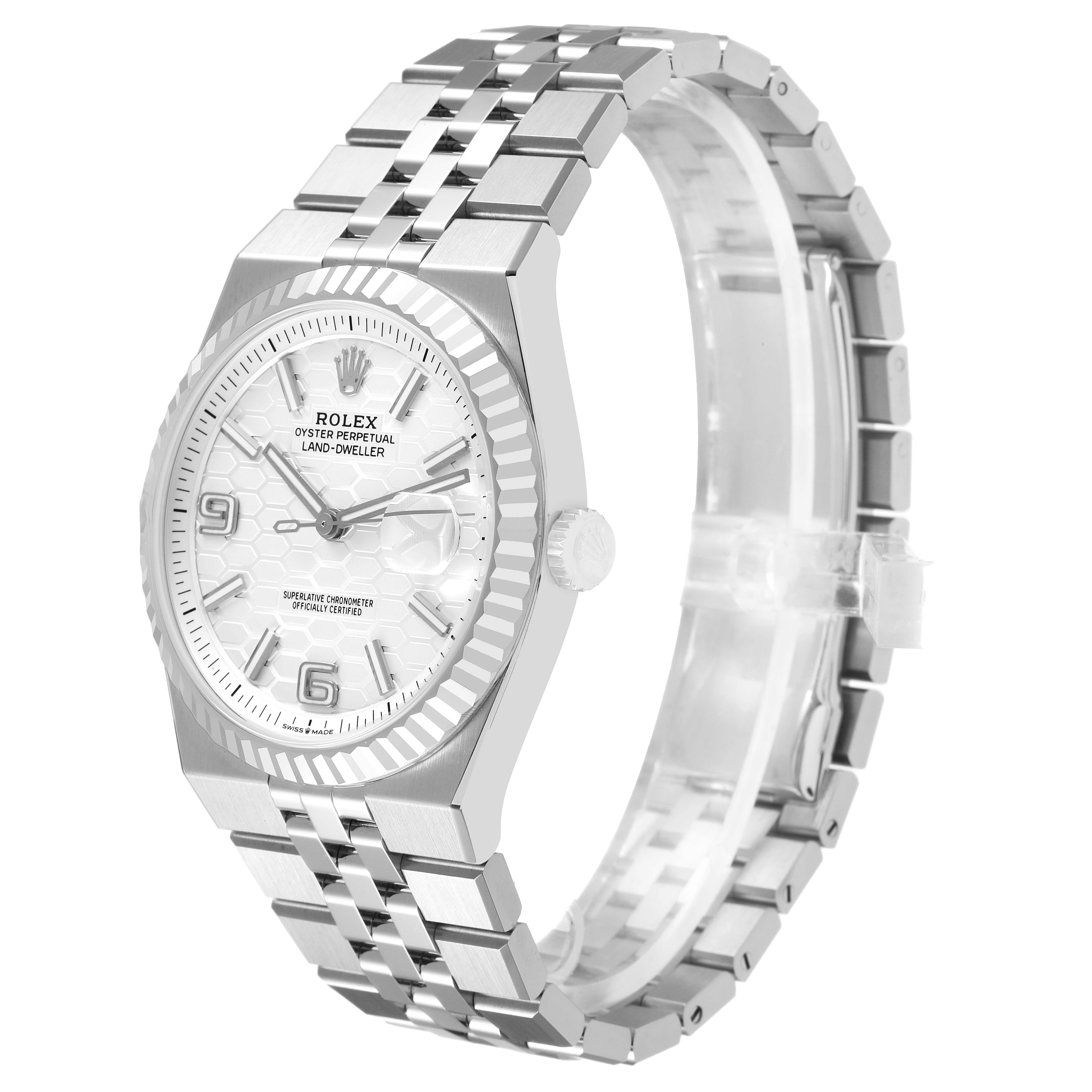 The Rolex Land‑Dweller 127334 Men's Stainless Steel White Dial watch is shown at a three-quarter angle, highlighting the bezel, face, and bracelet.