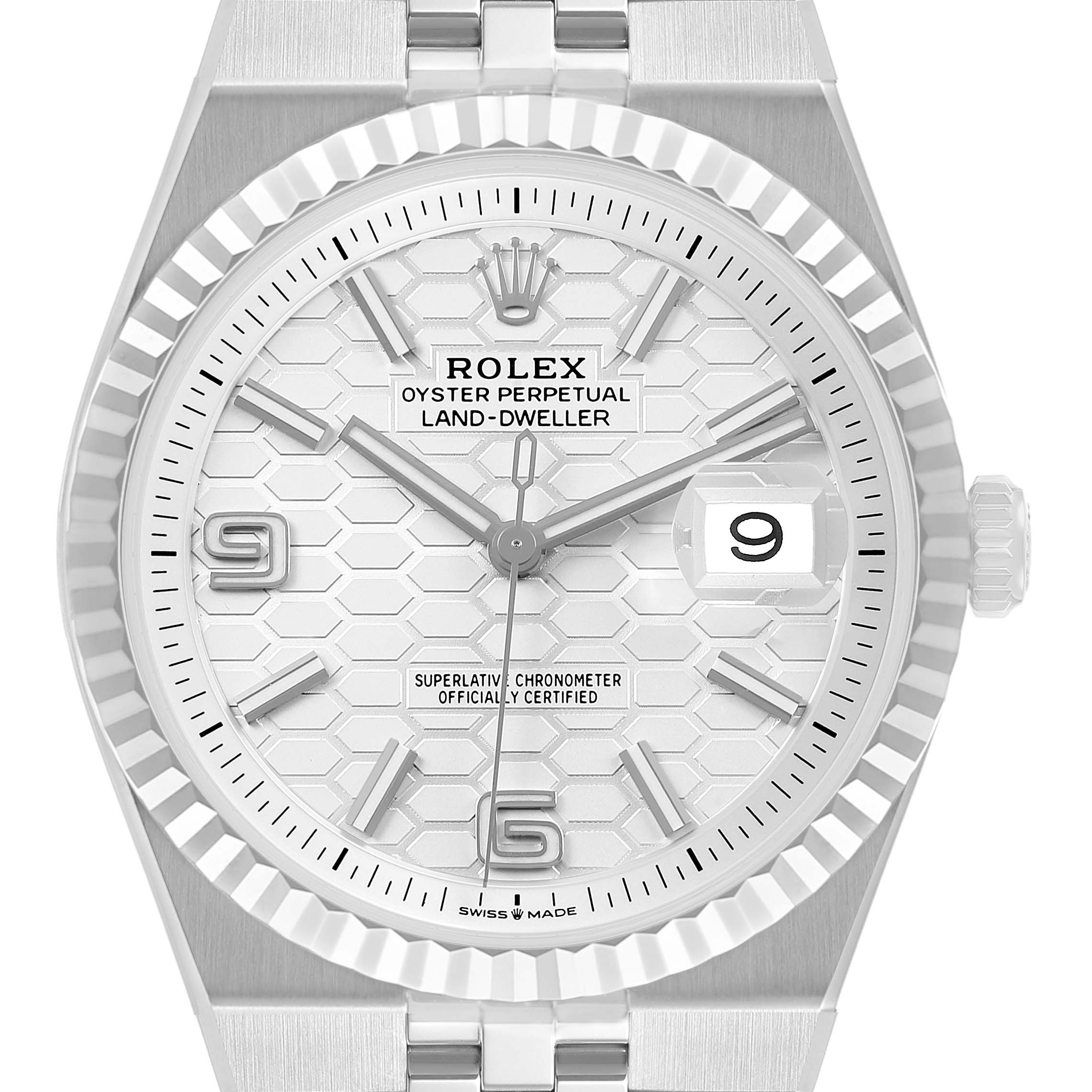 The image shows a front view of a Rolex Land‑Dweller 127334 Men's Stainless Steel White Dial, displaying the watch face, bezel, and part of the bracelet.