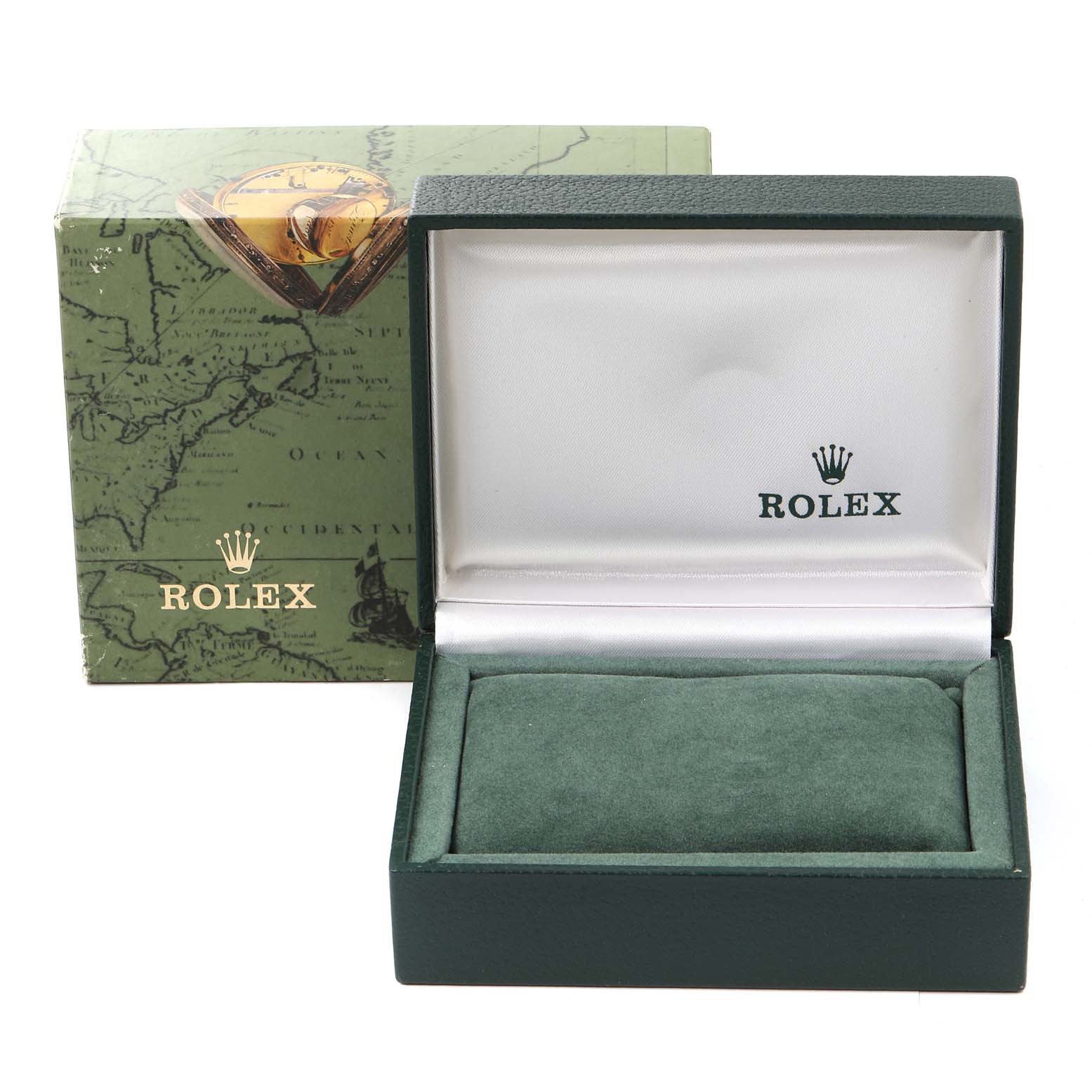 The image shows the open display box and an outer box for a Mid-Size Rolex watch.