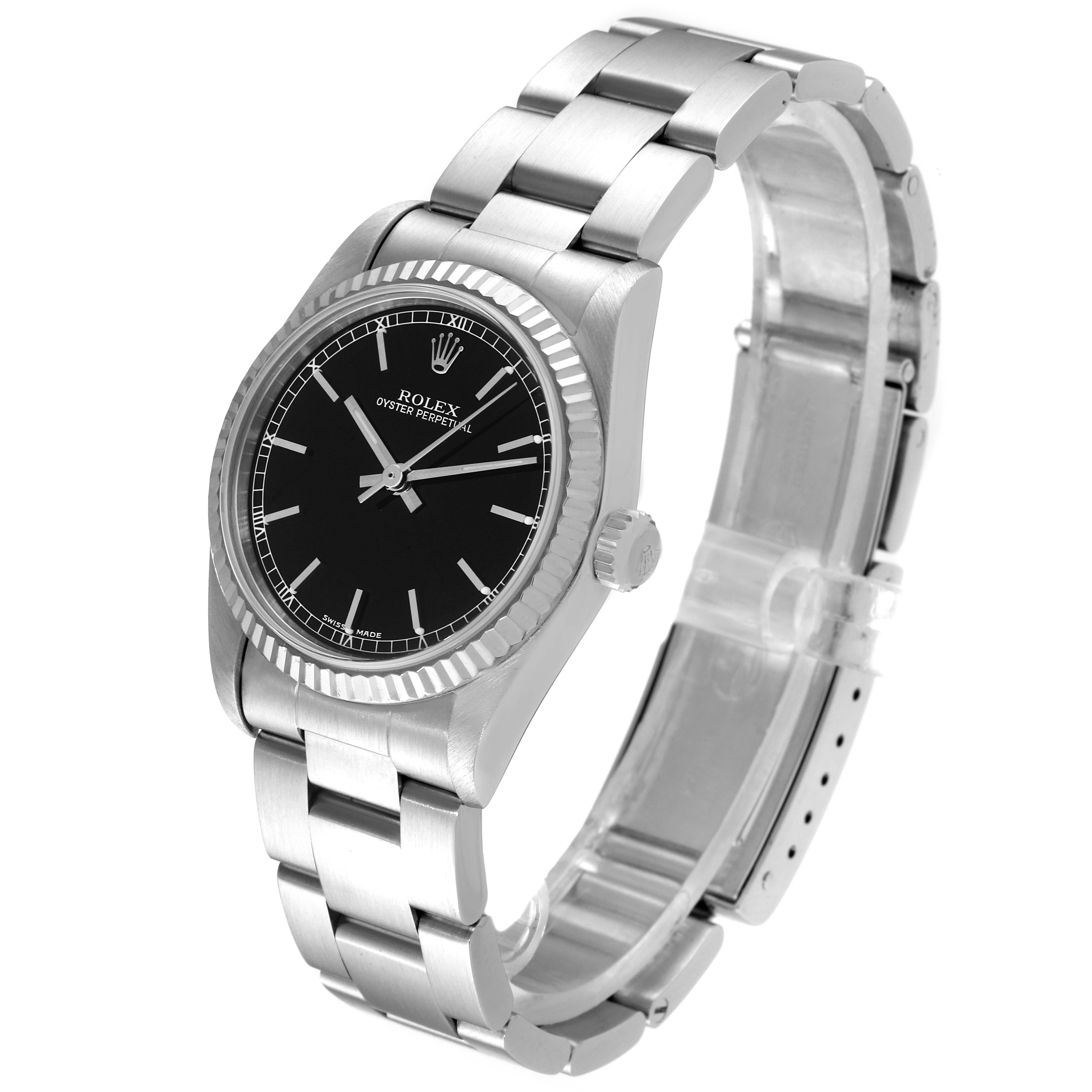 The image shows a Rolex Oyster Perpetual Mid-Size watch at a three-quarter angle, highlighting its bracelet, bezel, and black dial.