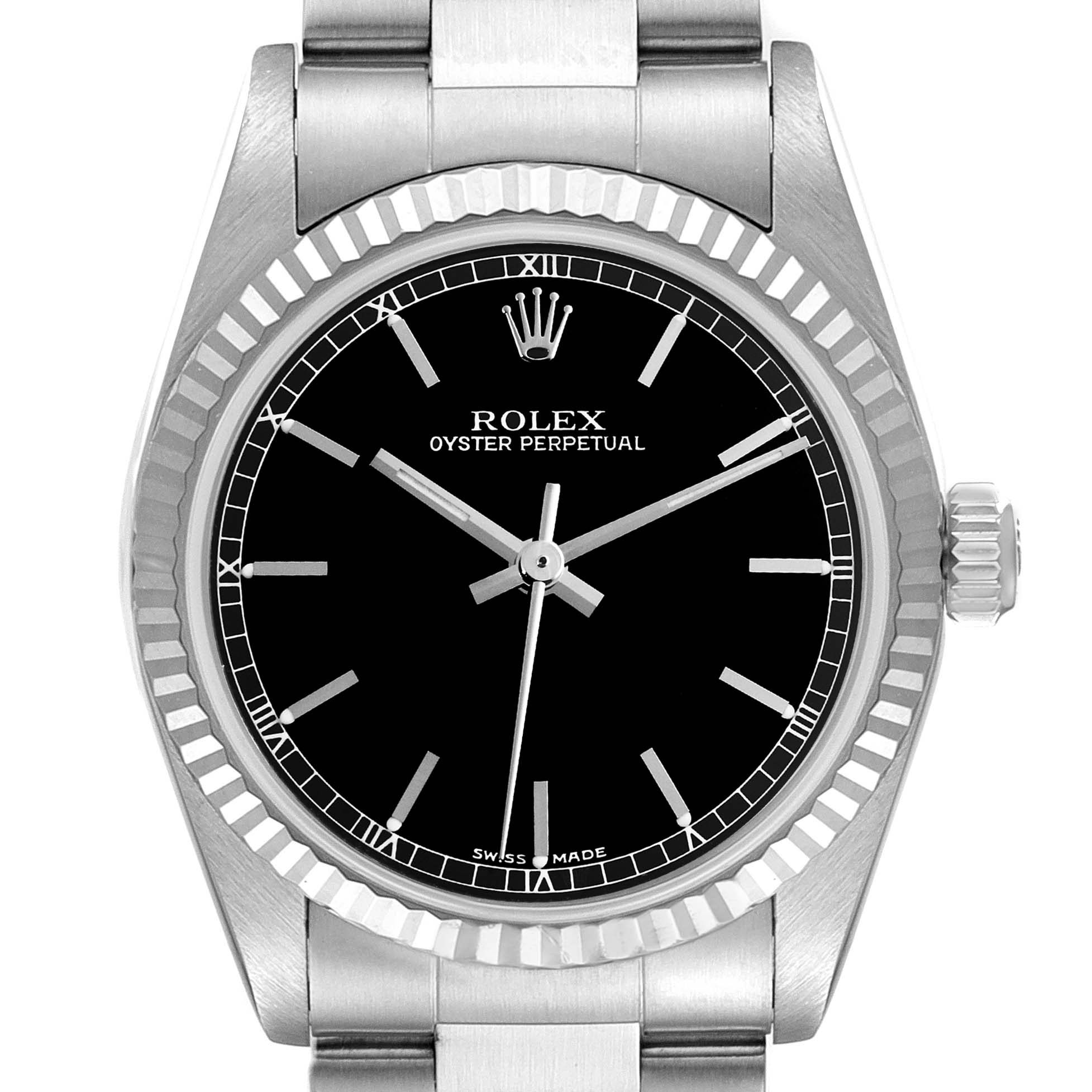This Rolex Oyster Perpetual Mid-Size watch is shown from a front angle, highlighting its black dial, fluted bezel, and stainless steel bracelet.