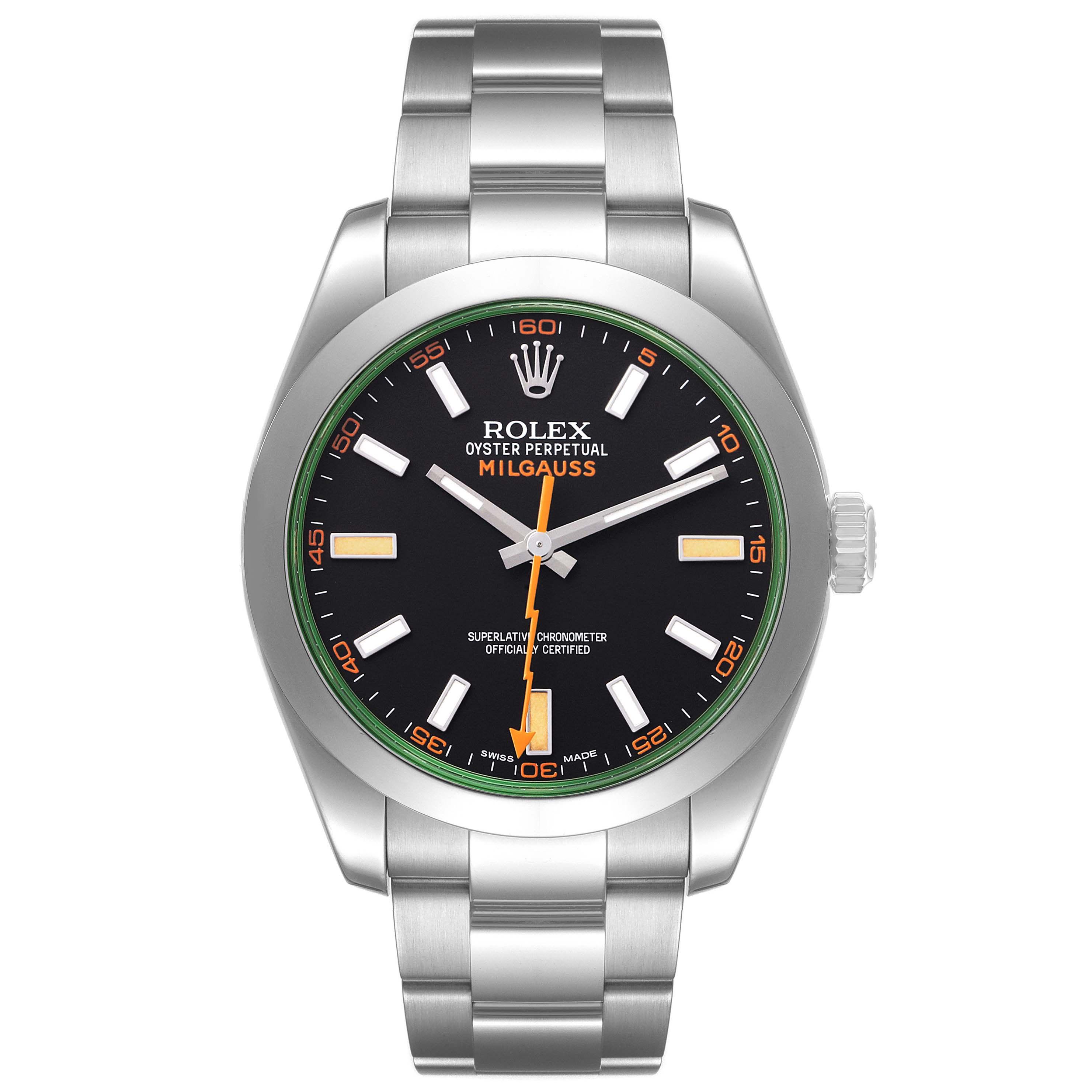 The Rolex Milgauss 116400GV Men's Stainless Steel Black Dial model is shown from the front, displaying its face, hands, case, bracelet, and crown.