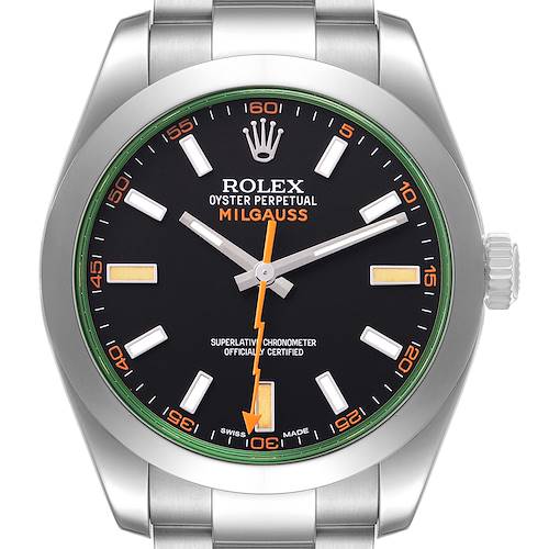 Photo of Rolex Milgauss Steel Green Crystal Black Dial Mens Watch 116400GV Box Card