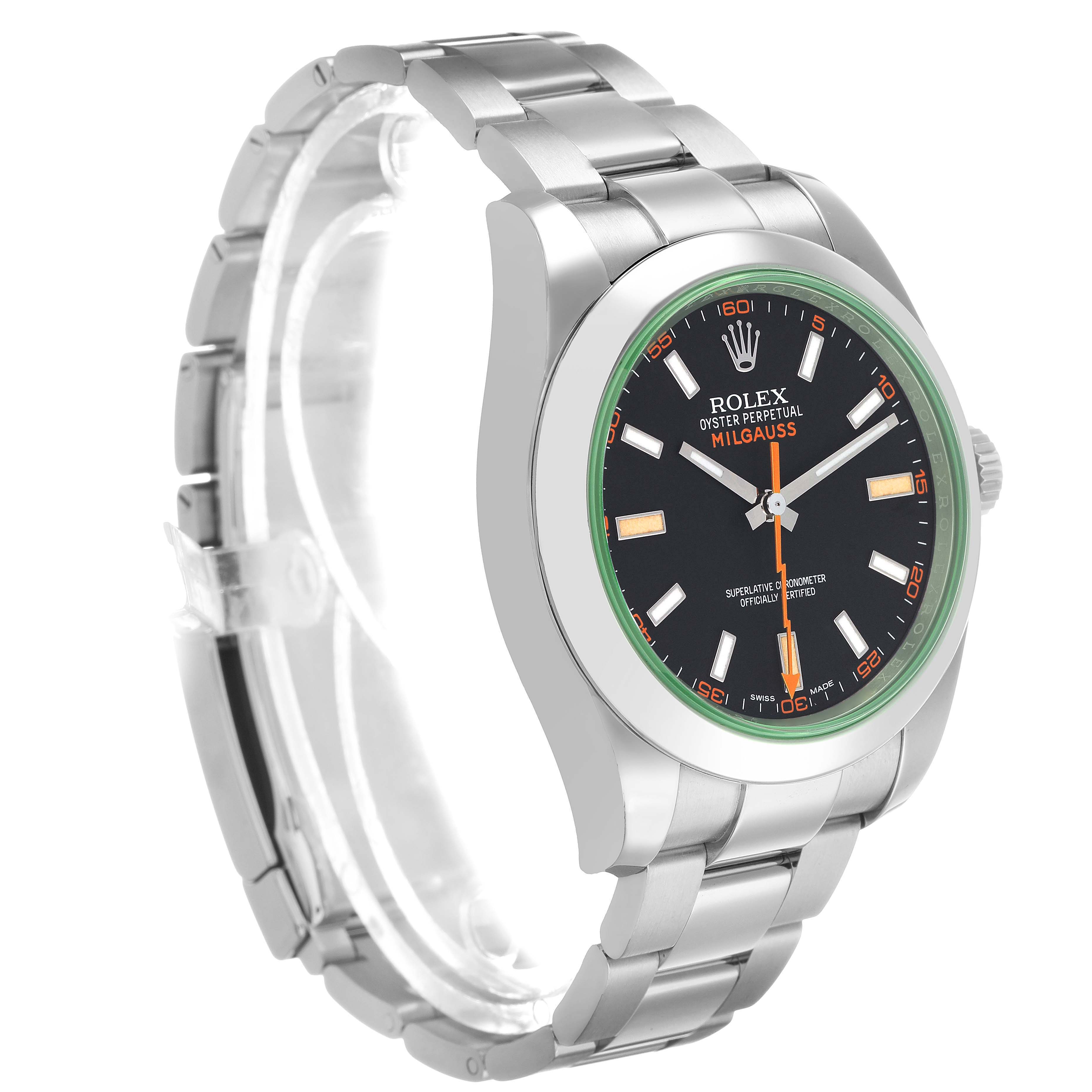 The Rolex Milgauss 116400GV Men's Stainless Steel Black Dial watch is shown at a slight angle, highlighting the face, bezel, and part of the bracelet.