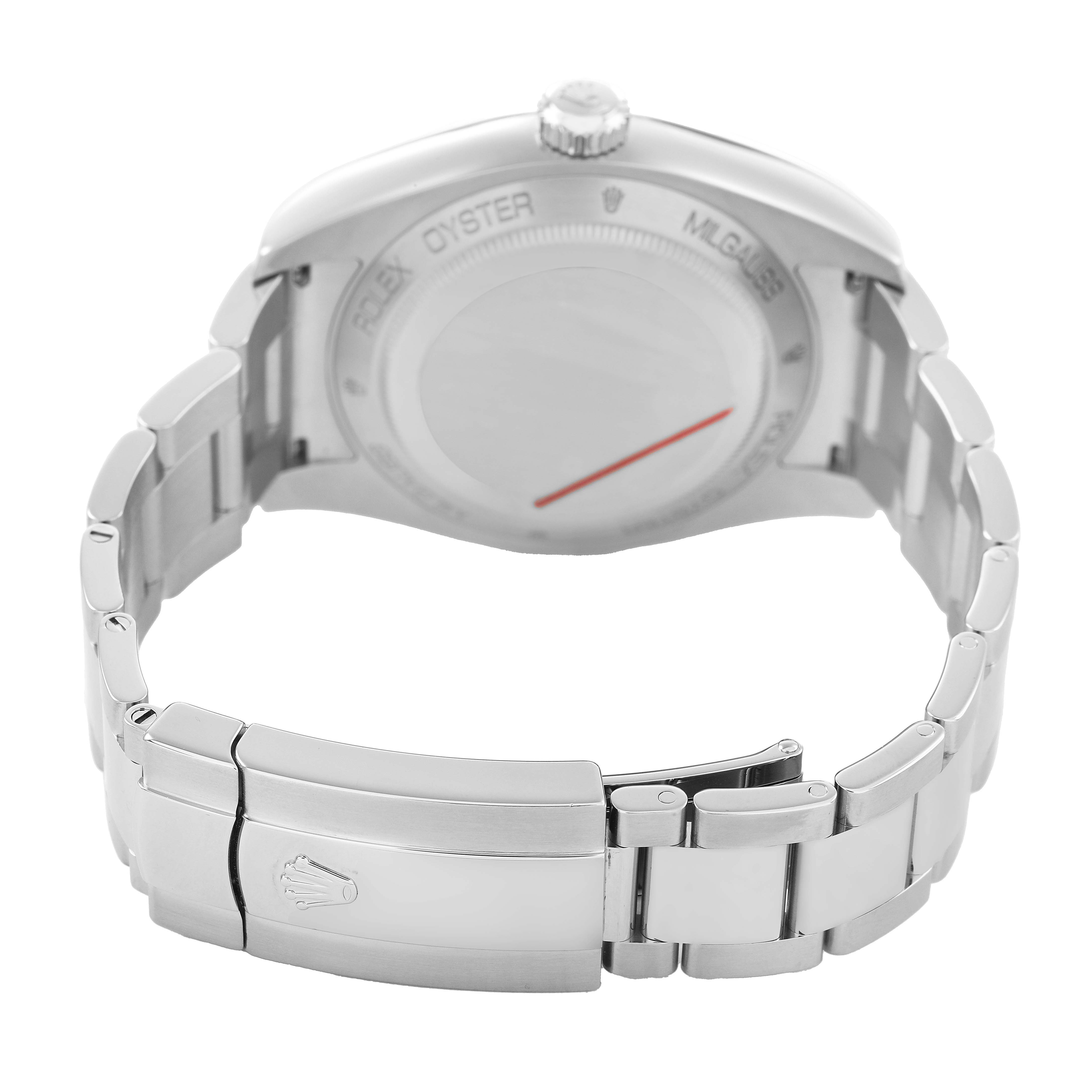 The image shows the back and bracelet of the Rolex Milgauss 116400GV Men's Stainless Steel Black Dial watch from a rear angle, highlighting the clasp and links.