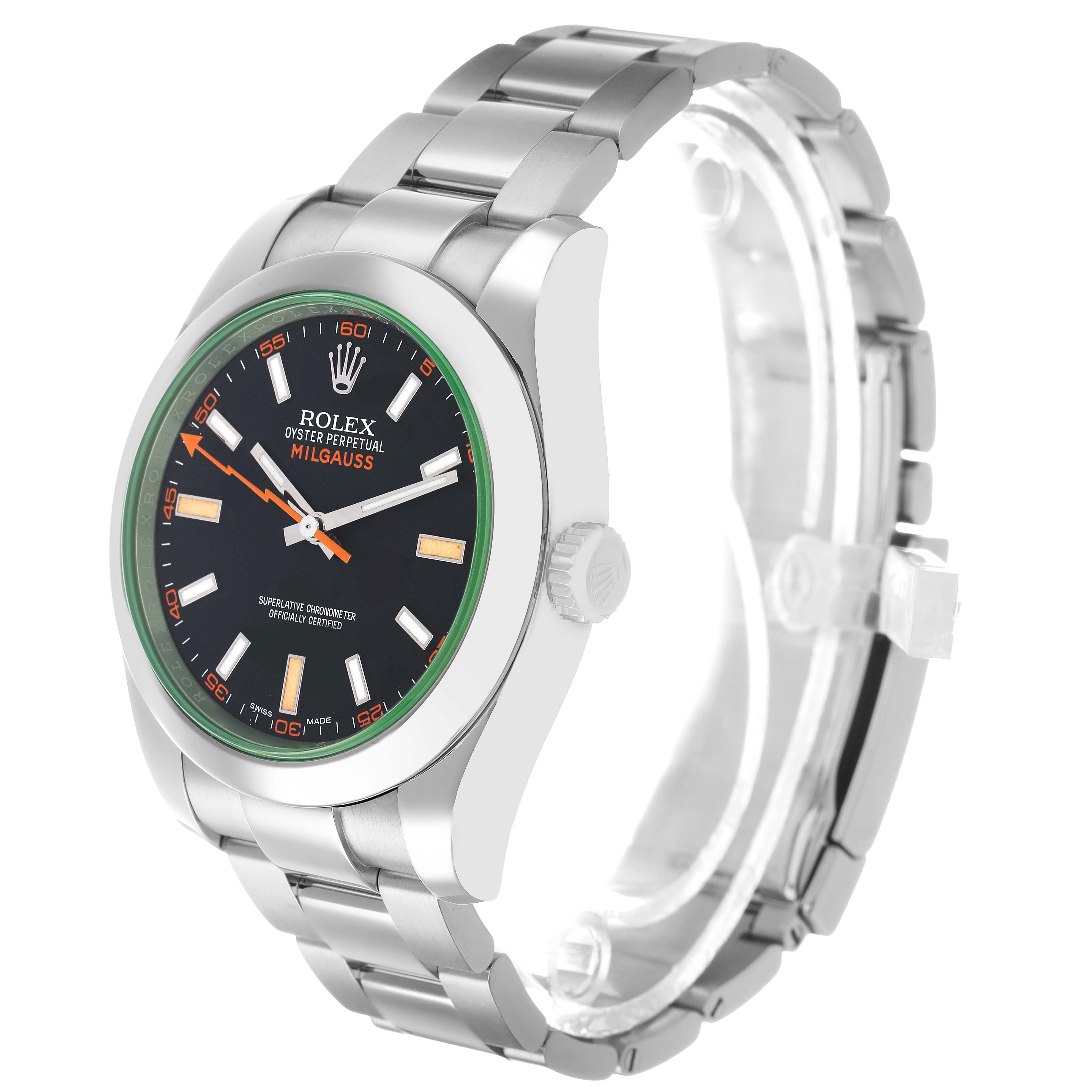 The Rolex Milgauss 116400GV Men's Stainless Steel Black Dial watch is shown at a slightly tilted side angle highlighting its face, bezel, bracelet, and crown.