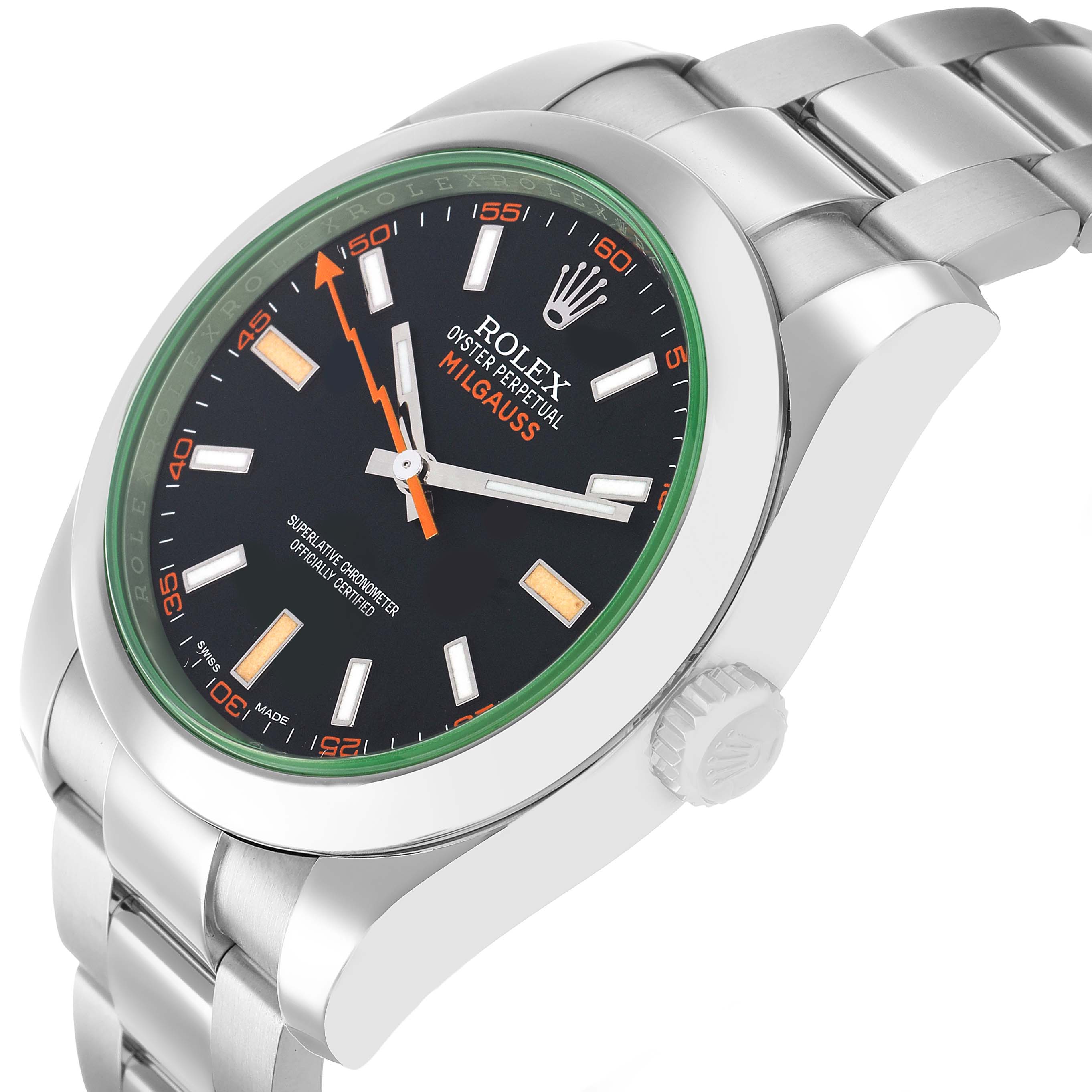 The Rolex Milgauss 116400GV Men's Stainless Steel Black Dial watch is shown at an angled view highlighting the dial, bezel, and bracelet.