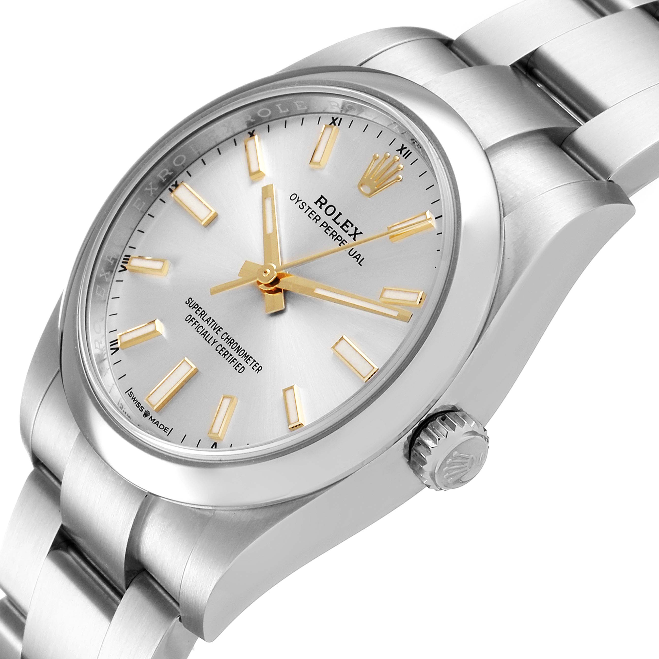 The image shows a close-up side angle of the Rolex Oyster Perpetual 124200 Men's Stainless Steel Silver Dial 124200 Men's Stainless Steel Silver Dial watch, highlighting the dial, crown, and part of the bracelet.