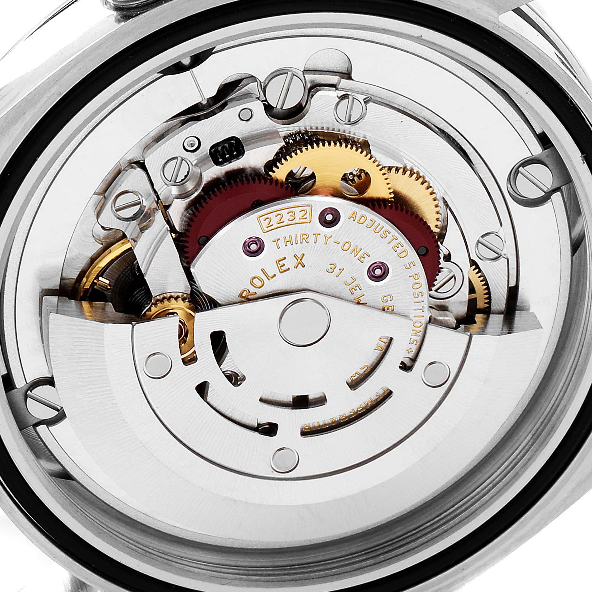 The image shows a close-up view of the movement inside a Rolex Oyster Perpetual 124200 Men's Stainless Steel Silver Dial 124200 Men's Stainless Steel Silver Dial watch.