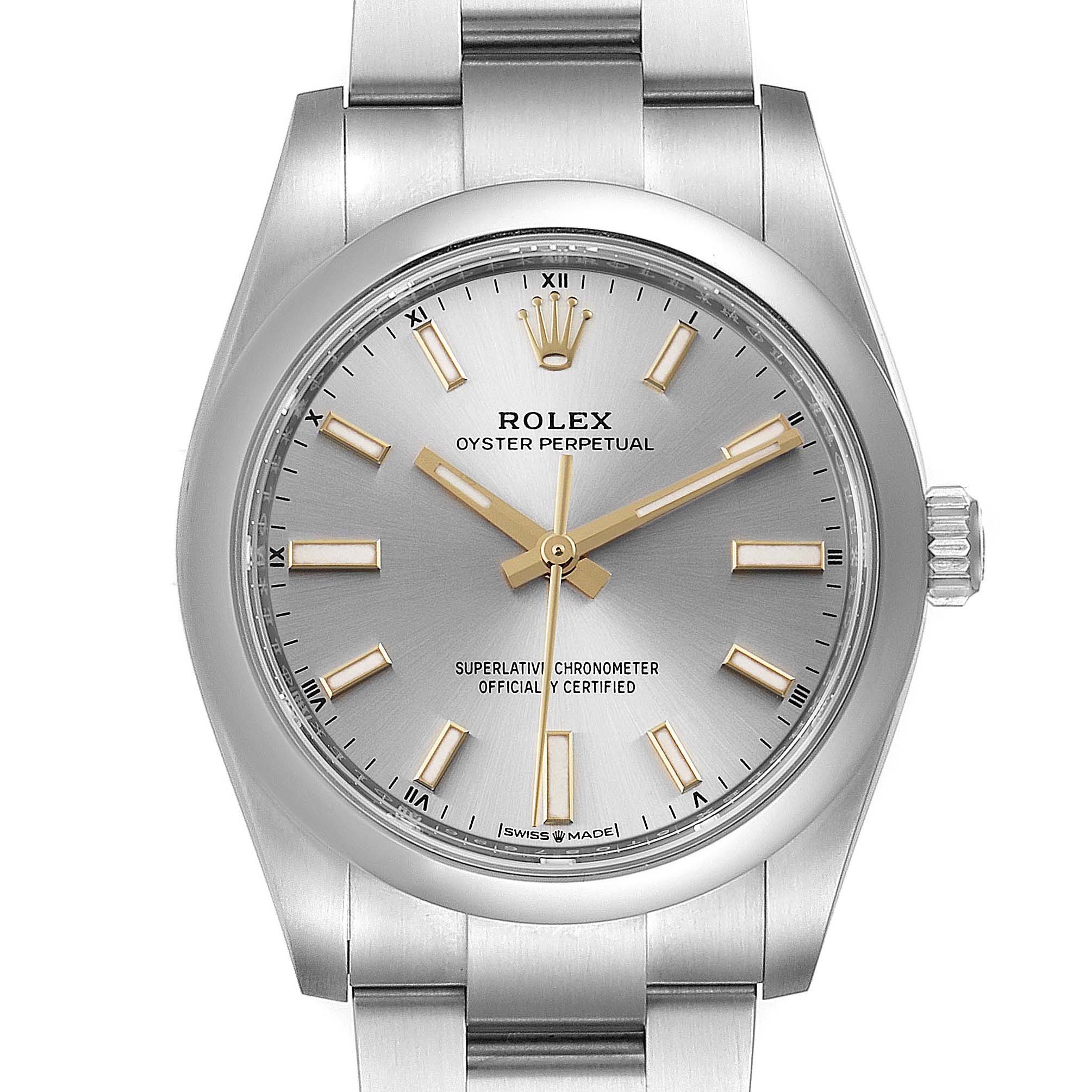 This image shows the face and bracelet of a Rolex Oyster Perpetual 124200 Men's Stainless Steel Silver Dial 124200 Men's Stainless Steel Silver Dial watch from a straight-on angle.