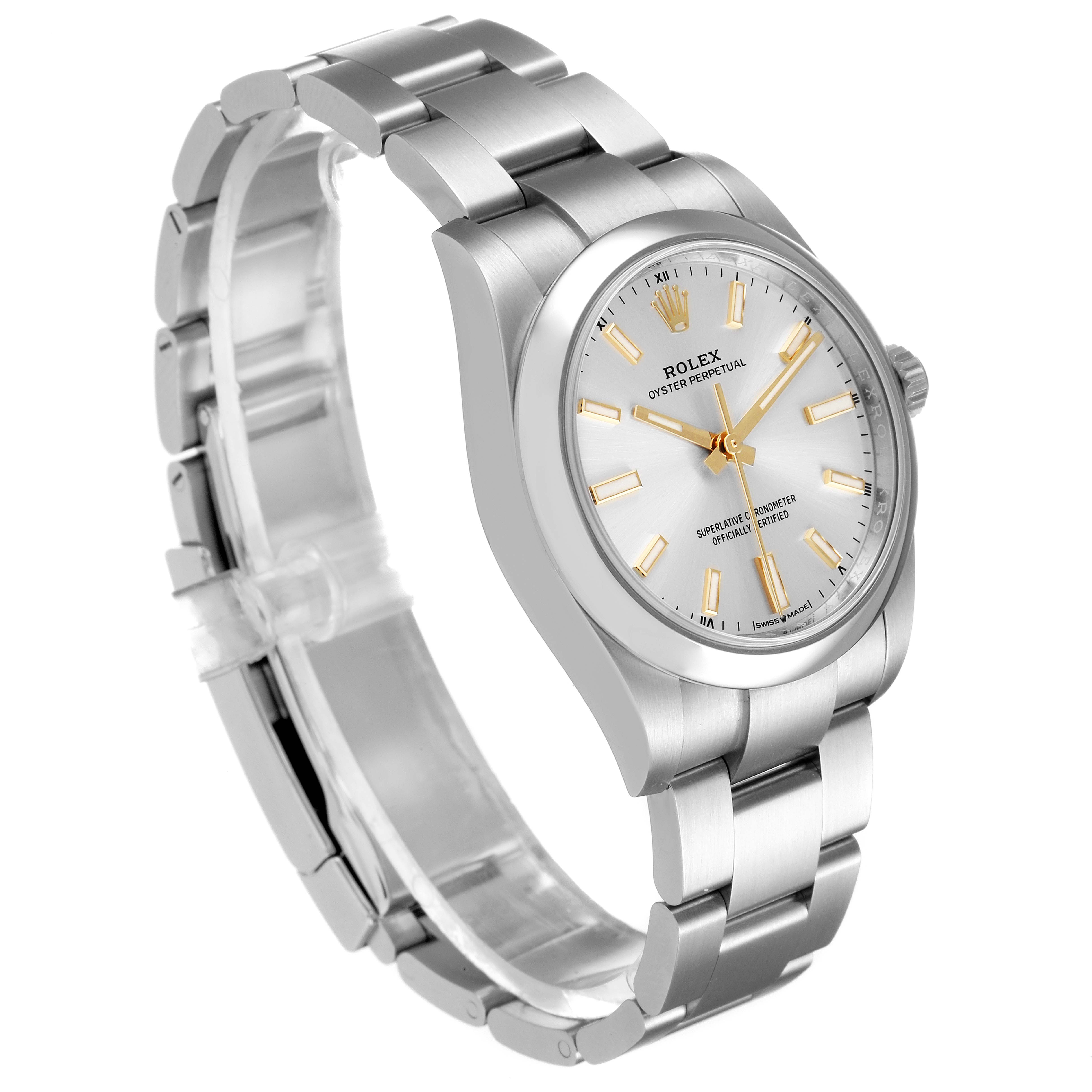 The Rolex Oyster Perpetual 124200 Men's Stainless Steel Silver Dial 124200 Men's Stainless Steel Silver Dial watch is shown at an angled side view, displaying its dial, case, and bracelet. 