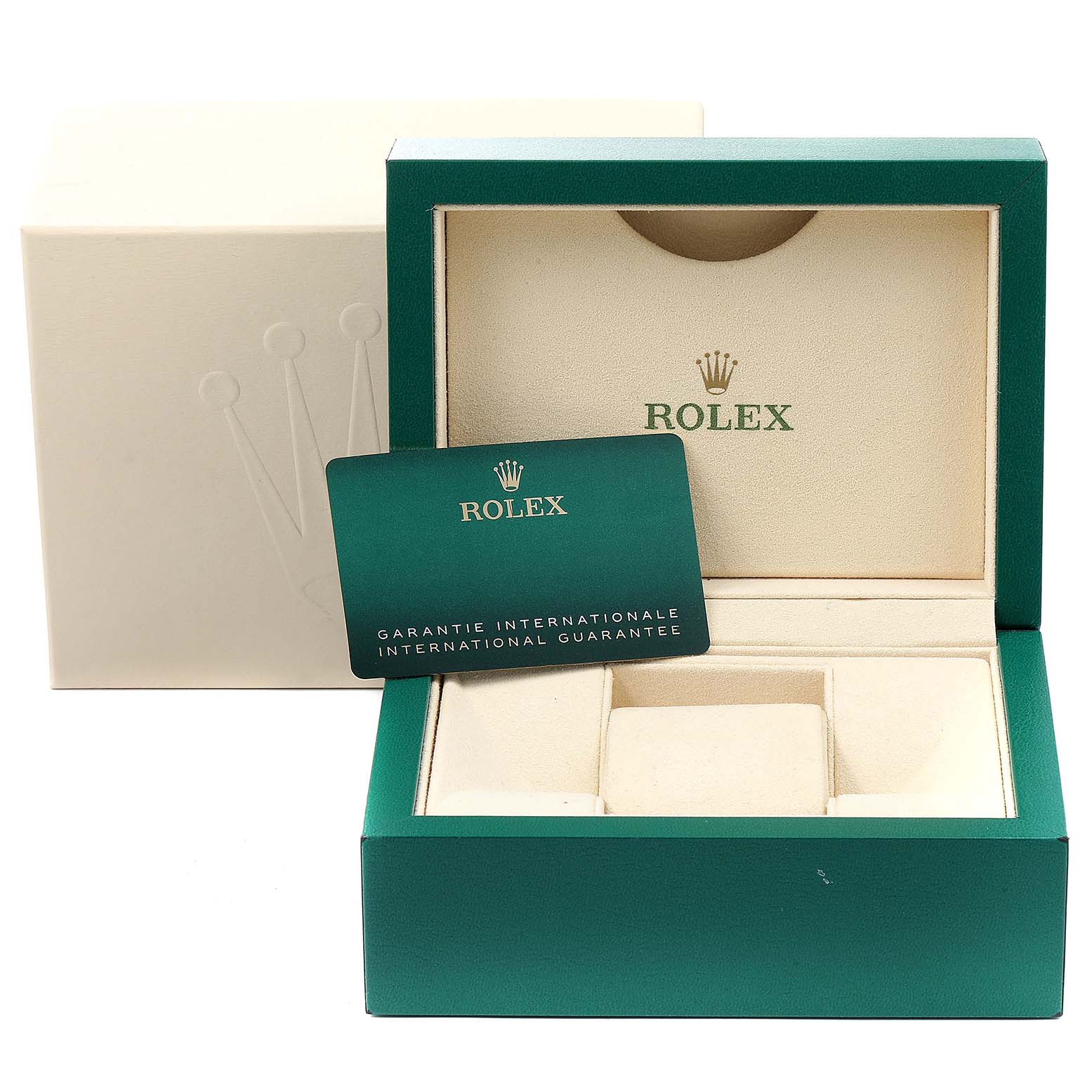 The image shows the packaging and guarantee card for a Rolex Oyster Perpetual 124200 Men's Stainless Steel Silver Dial 124200 Men's Stainless Steel Silver Dial watch.