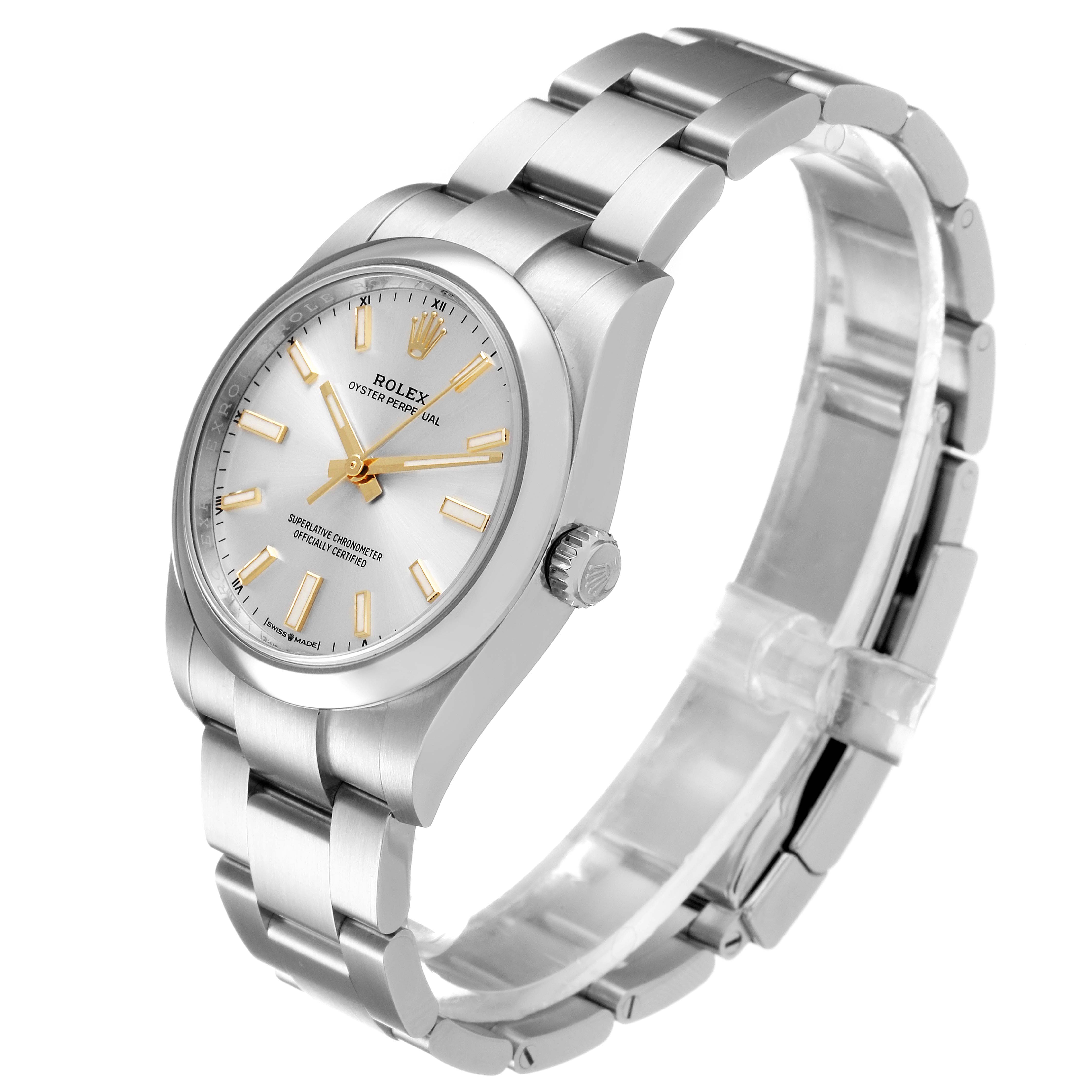The image shows a side angle of the Rolex Oyster Perpetual 124200 Men's Stainless Steel Silver Dial 124200 Men's Stainless Steel Silver Dial watch displaying its dial, crown, and bracelet.