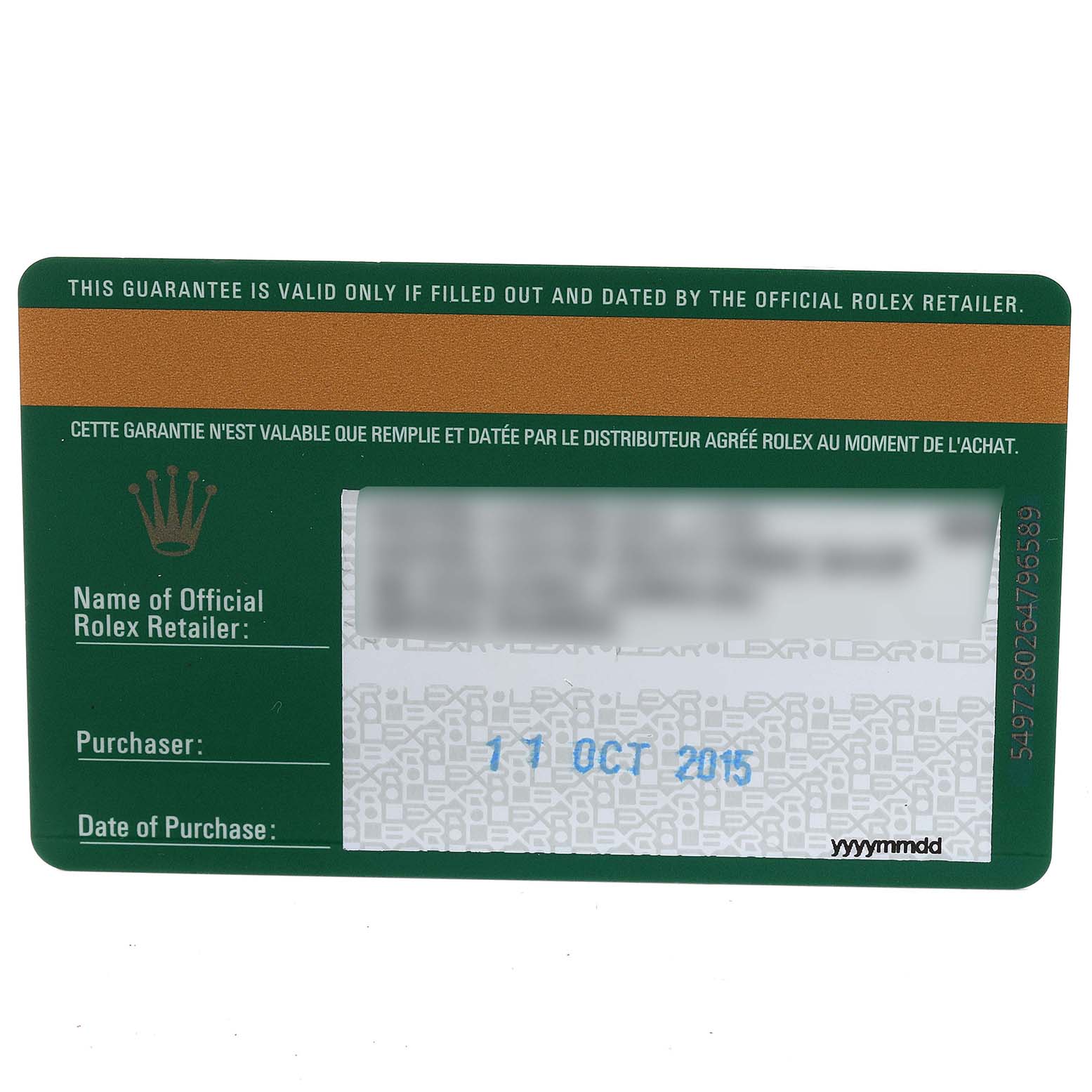 This image shows a filled-out warranty card for a Rolex Oyster Perpetual 114300 Men's Stainless Steel Silver Dial 114300 Men's Stainless Steel Silver Dial watch, dated 11 October 2015.