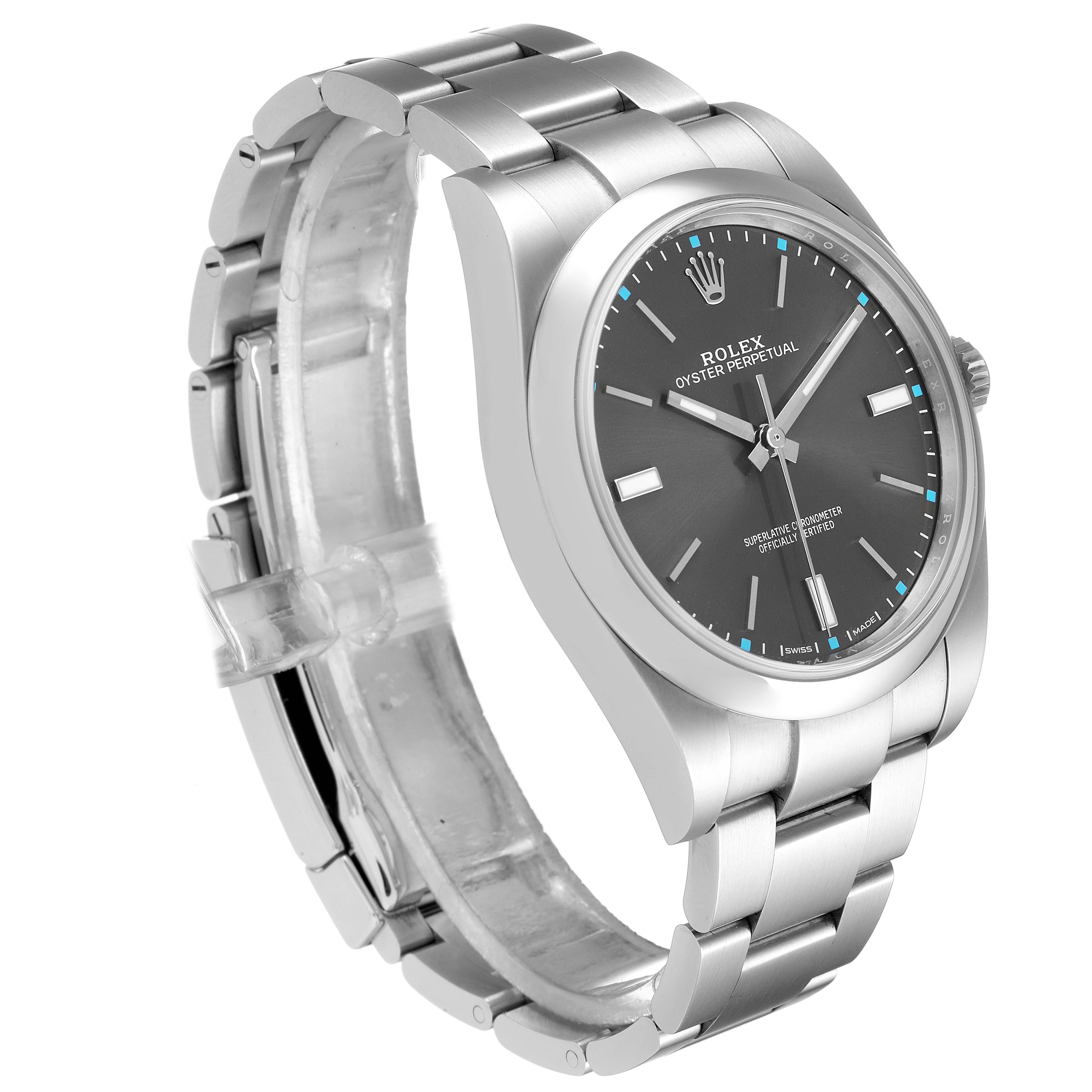 The image shows a side angle of the Rolex Oyster Perpetual 114300 Men's Stainless Steel Silver Dial 114300 Men's Stainless Steel Silver Dial watch, displaying its face, bezel, case, and bracelet.