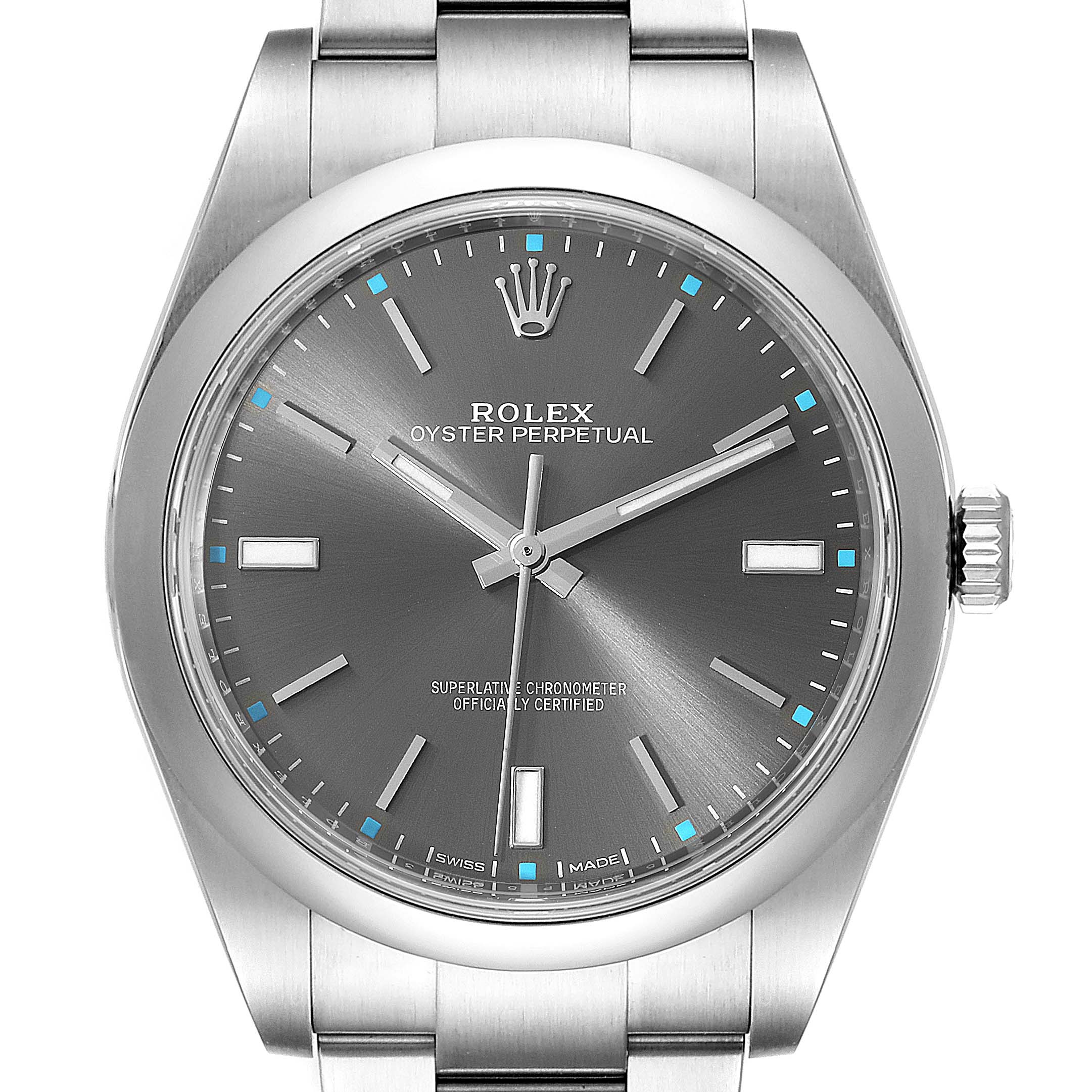 The image shows a front view of the Rolex Oyster Perpetual 114300 Men's Stainless Steel Silver Dial 114300 Men's Stainless Steel Silver Dial watch, highlighting the dial, case, crown, and bracelet.