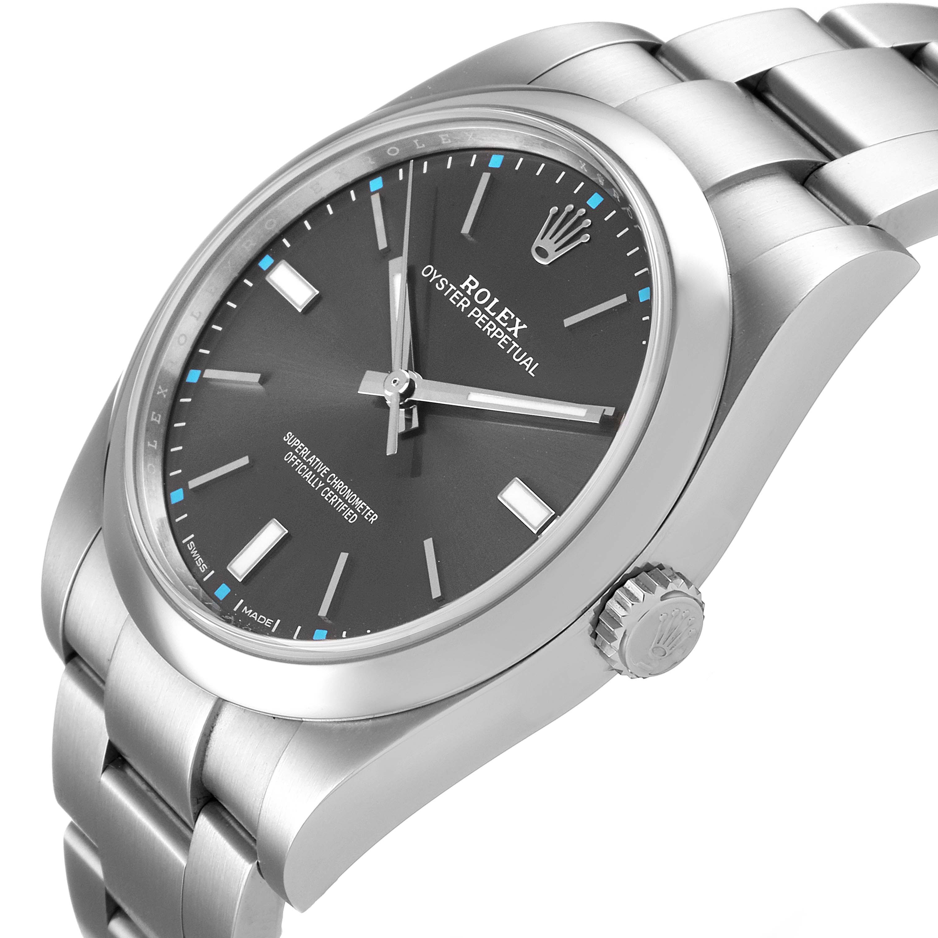 This image shows a side angle of the Rolex Oyster Perpetual 114300 Men's Stainless Steel Silver Dial 114300 Men's Stainless Steel Silver Dial watch, highlighting the face, crown, and bracelet.