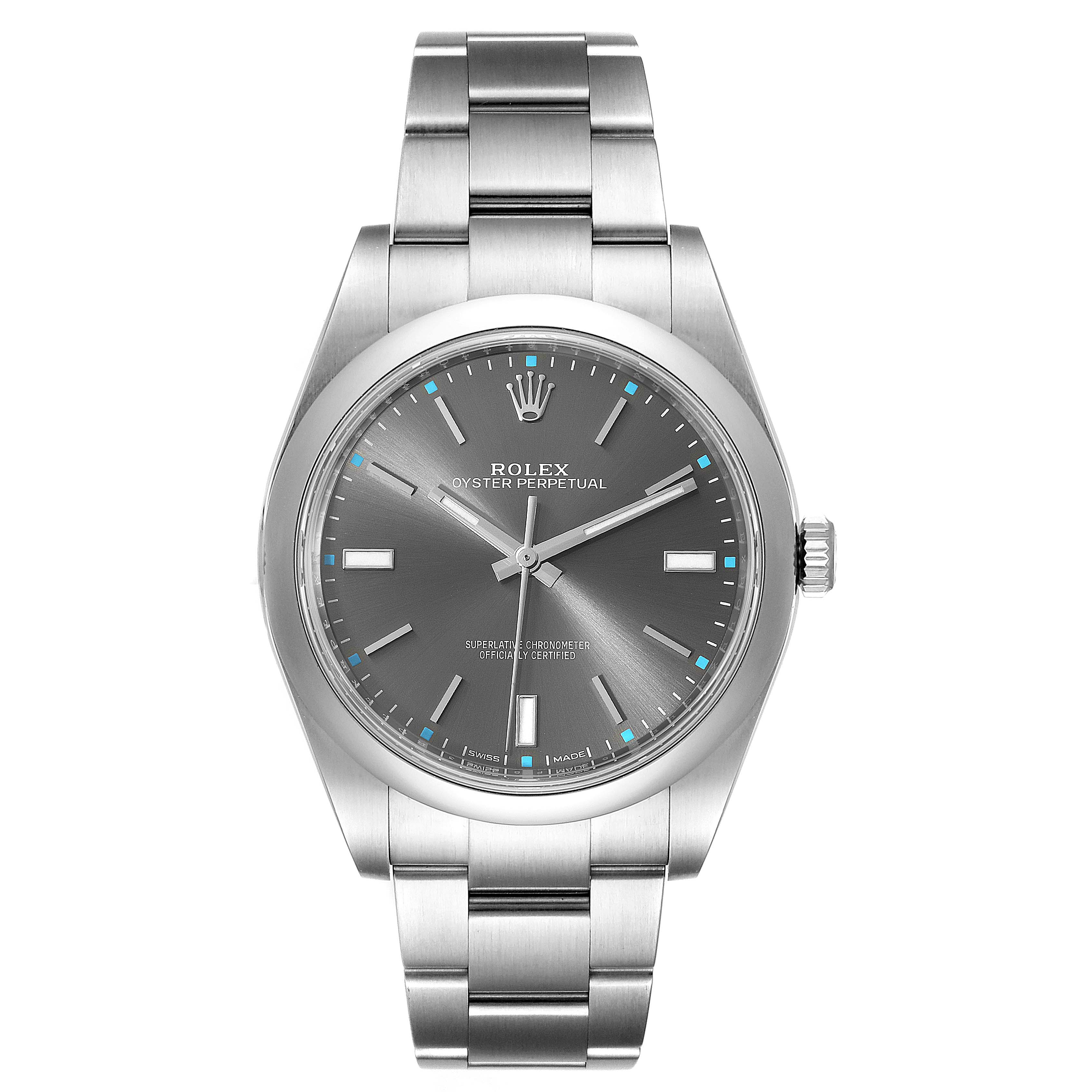 The image shows the front view of a Rolex Oyster Perpetual 114300 Men's Stainless Steel Silver Dial 114300 Men's Stainless Steel Silver Dial watch, highlighting its face, dial, and stainless steel bracelet.
