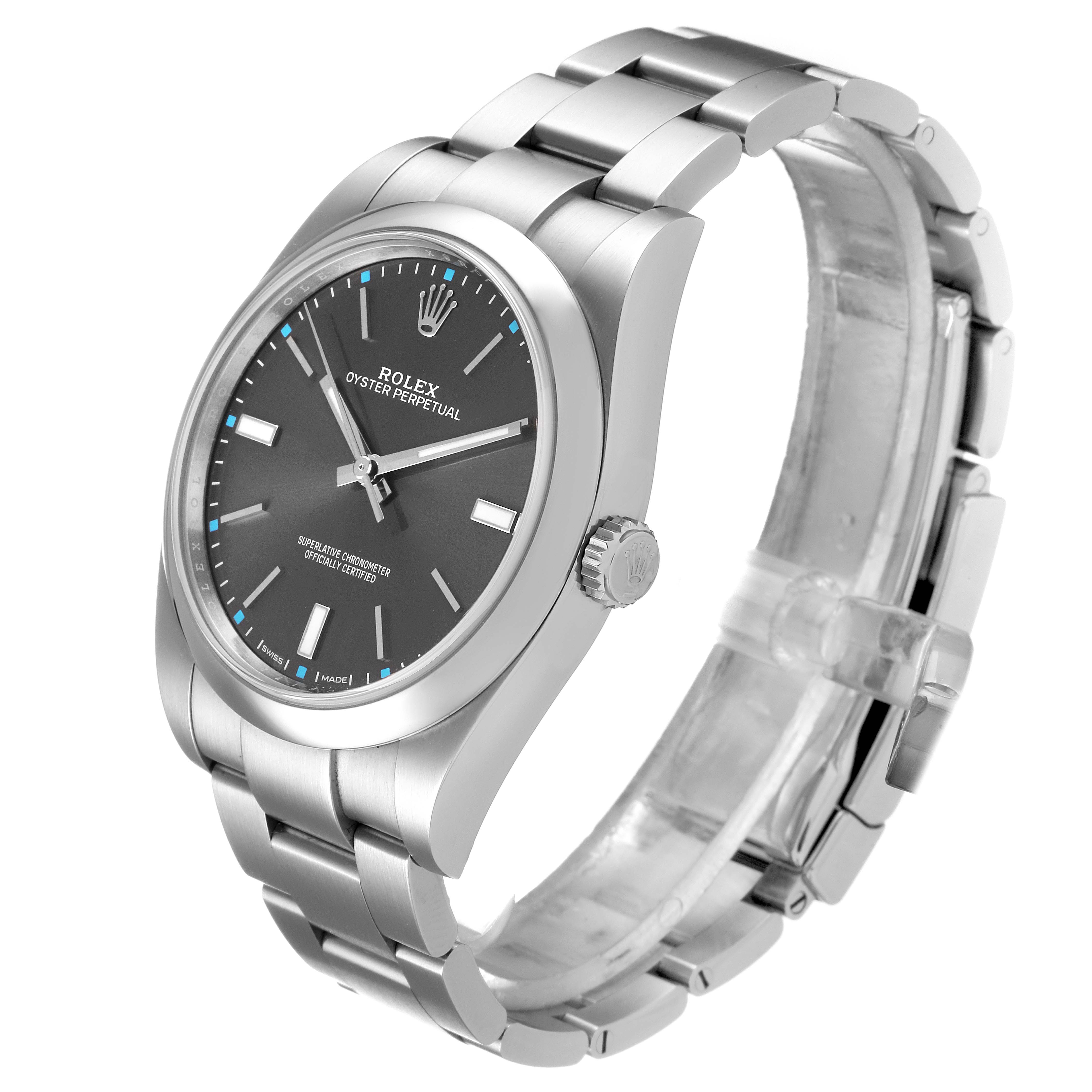 The image shows a side view of the Rolex Oyster Perpetual 114300 Men's Stainless Steel Silver Dial 114300 Men's Stainless Steel Silver Dial watch, highlighting the bracelet, case, and crown.