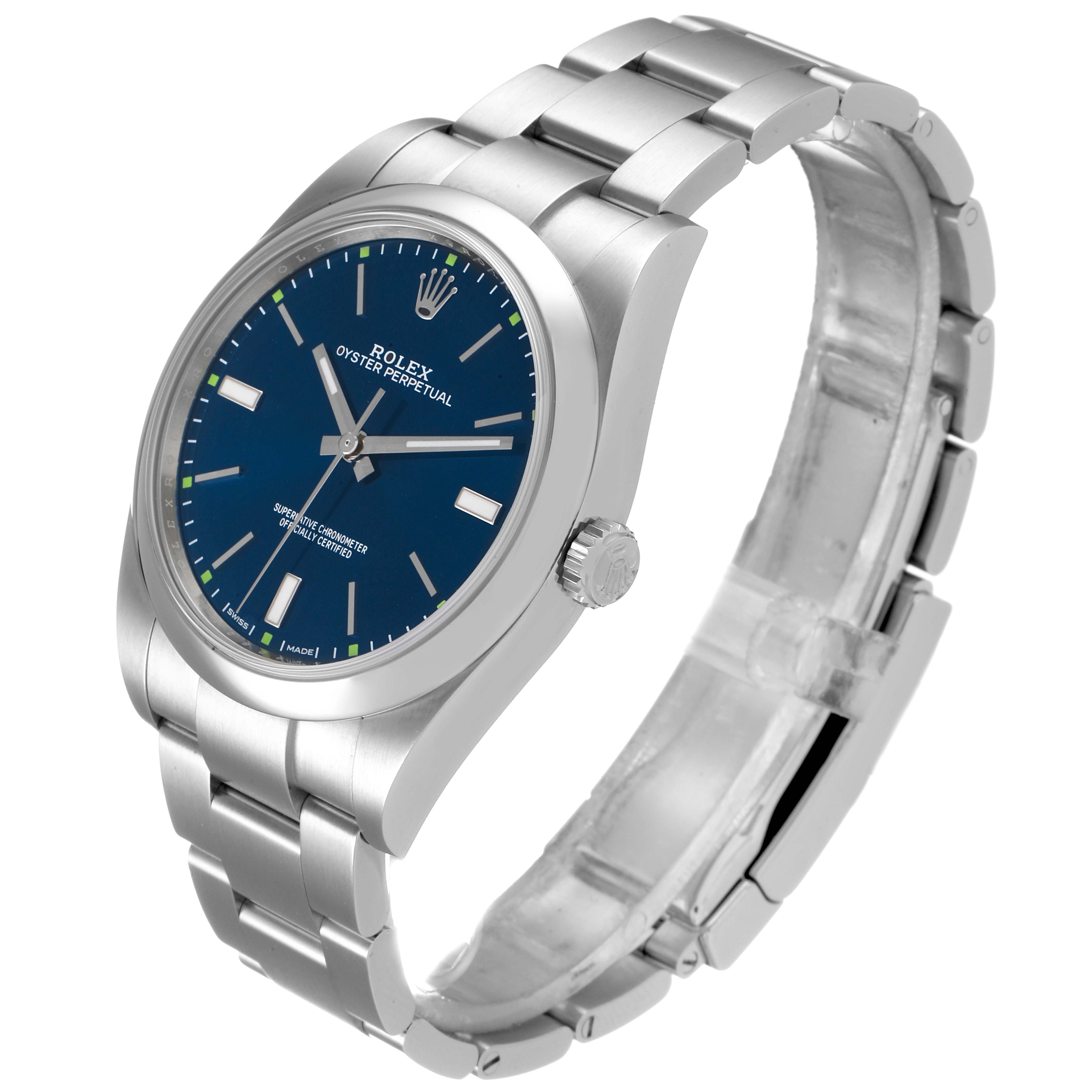 The Rolex Oyster Perpetual 114300 Men
s Stainless Steel Blue Dial 114300 Men
s Stainless Steel Blue Dial watch is shown at an angled view, displaying the dial, case, and metal bracelet.
