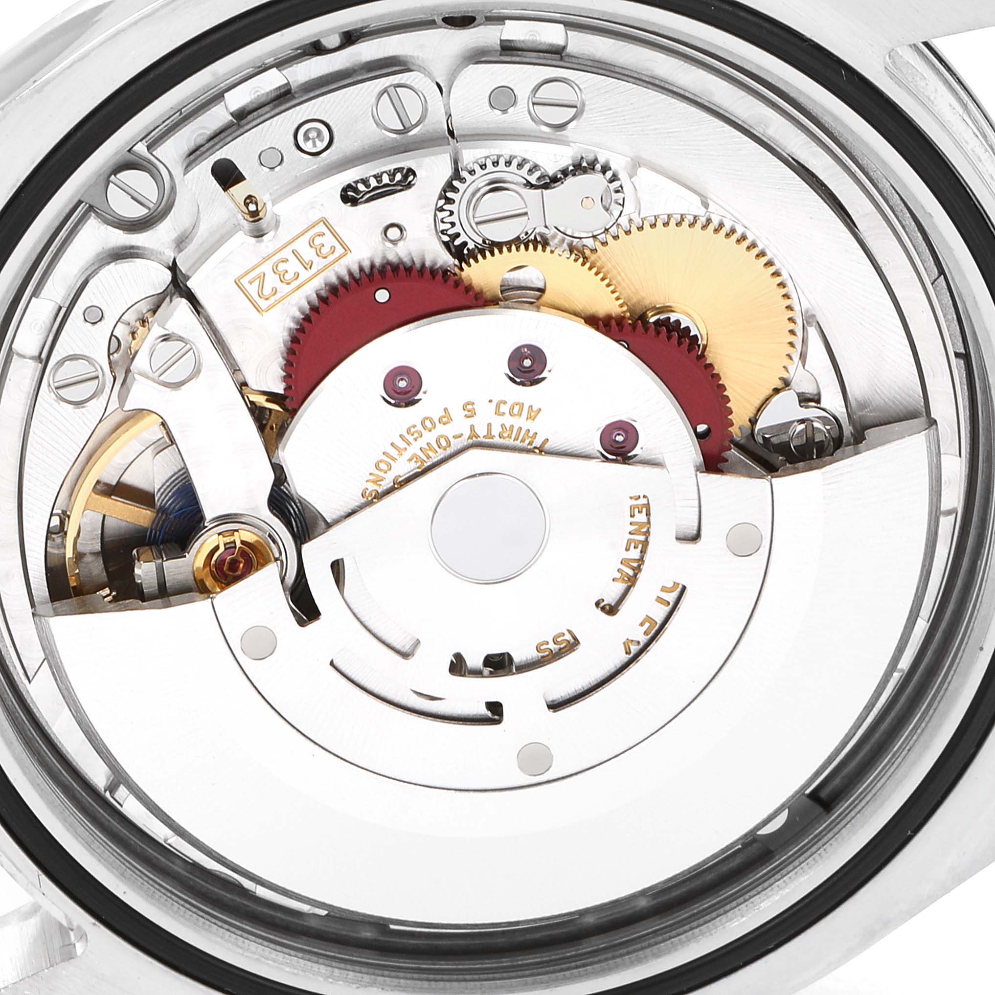 This image shows the internal movement mechanism of a Rolex Oyster Perpetual 114300 Men
s Stainless Steel Blue Dial 114300 Men
s Stainless Steel Blue Dial watch, viewed from the back.