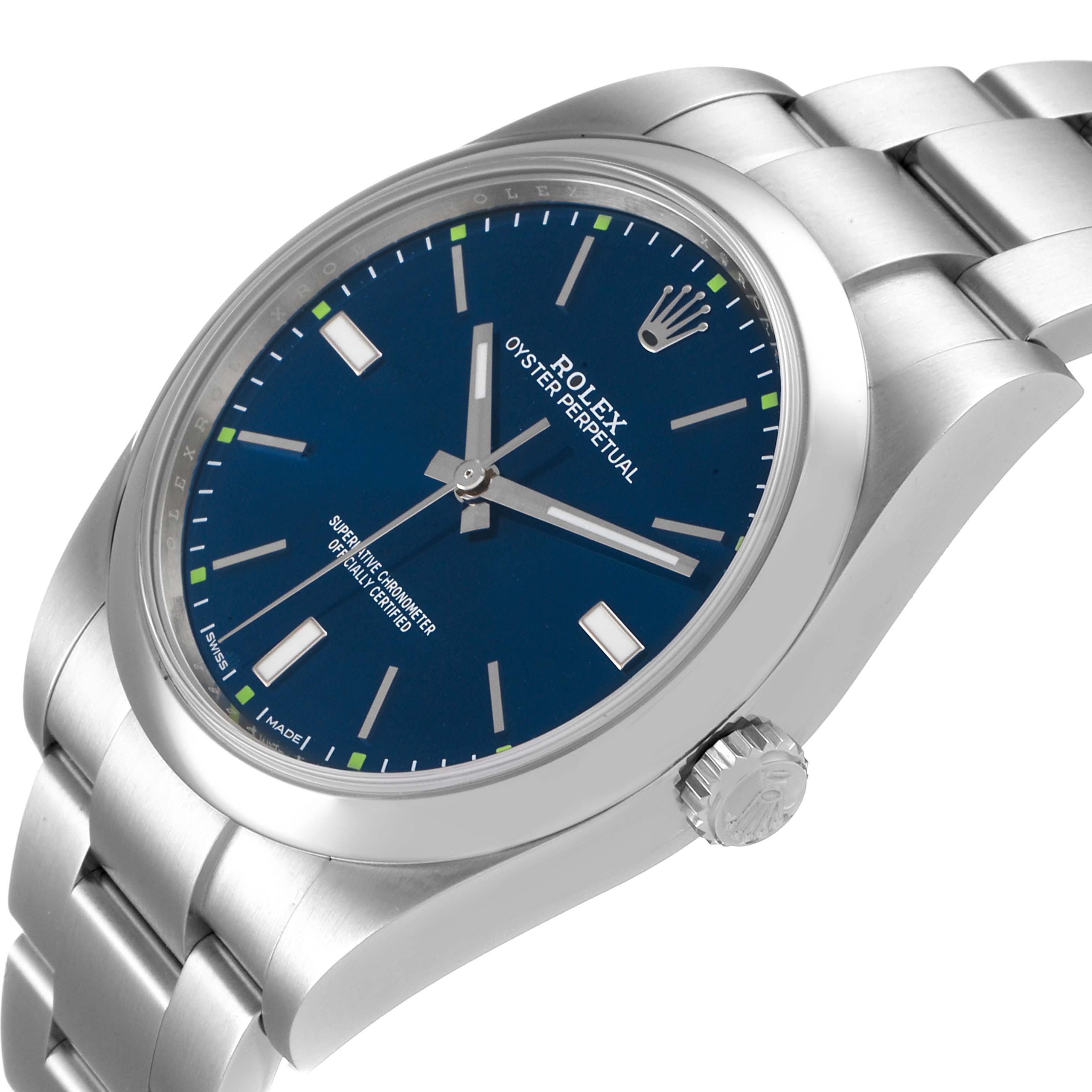 The Rolex Oyster Perpetual 114300 Men
s Stainless Steel Blue Dial 114300 Men
s Stainless Steel Blue Dial watch is shown from an angled side view, highlighting its blue dial, crown, and bracelet.