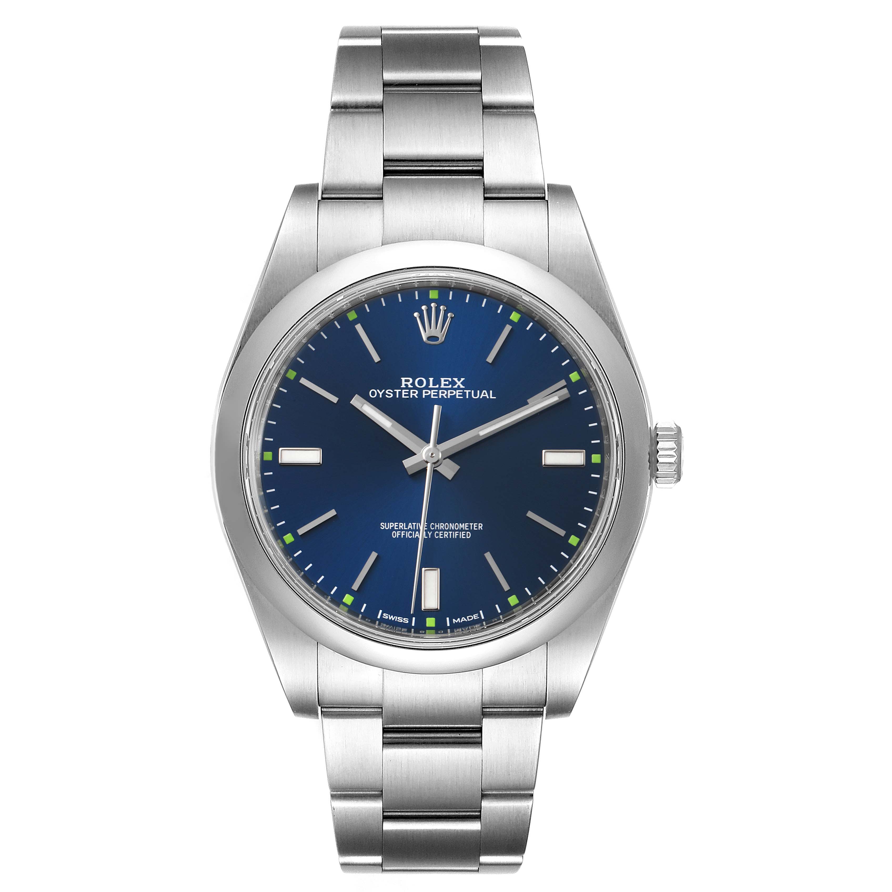 The image shows a front view of the Rolex Oyster Perpetual 114300 Men
s Stainless Steel Blue Dial 114300 Men
s Stainless Steel Blue Dial watch, displaying its face, case, and bracelet.