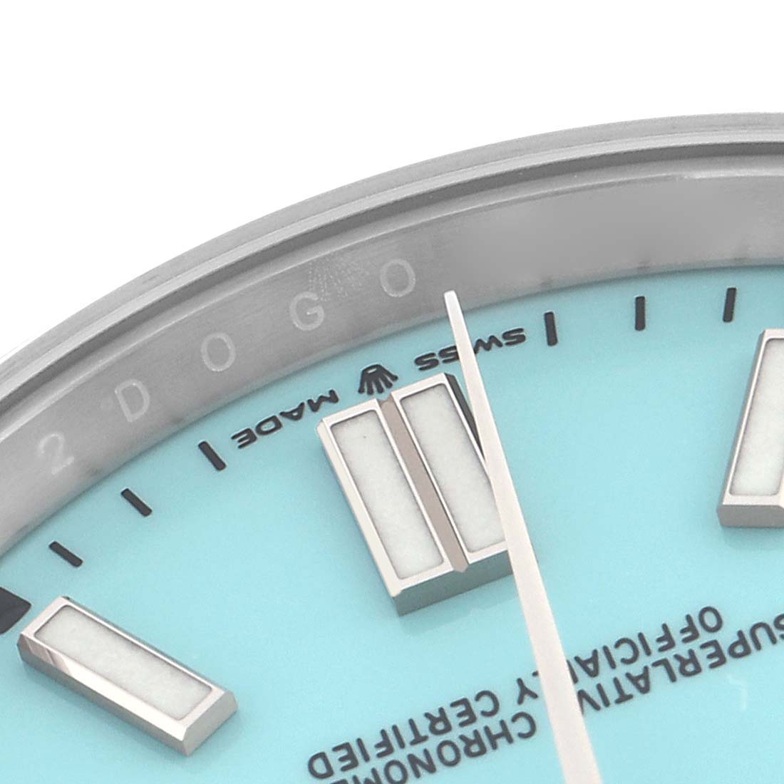 The close-up angle shows the dial, indices, and part of the bezel of the Rolex Oyster Perpetual 124300 Men
s Stainless Steel Blue Dial 124300 Men
s Stainless Steel Blue Dial watch.