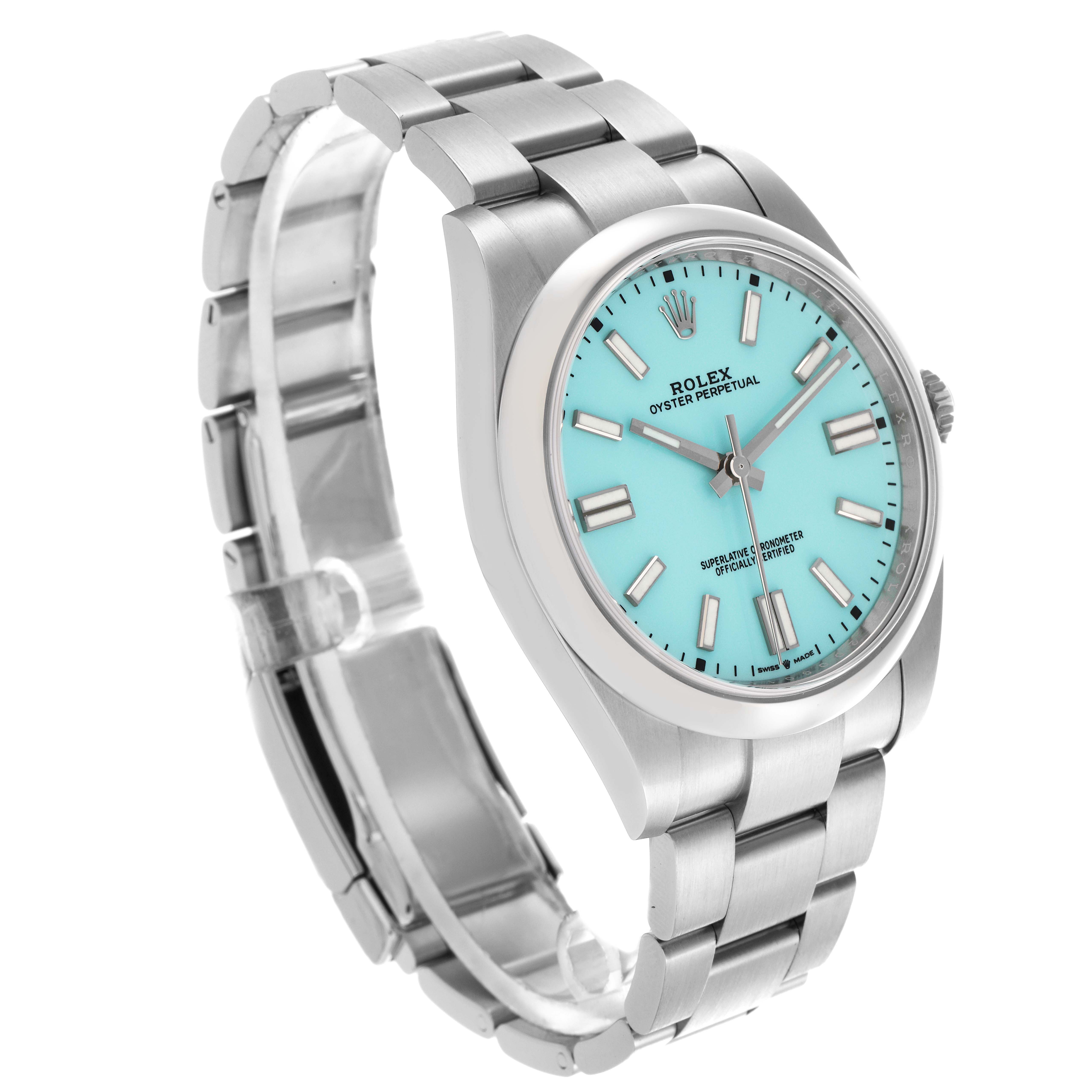 The Rolex Oyster Perpetual 124300 Men
s Stainless Steel Blue Dial 124300 Men
s Stainless Steel Blue Dial is shown at a slight angle, highlighting the turquoise dial and metal bracelet.