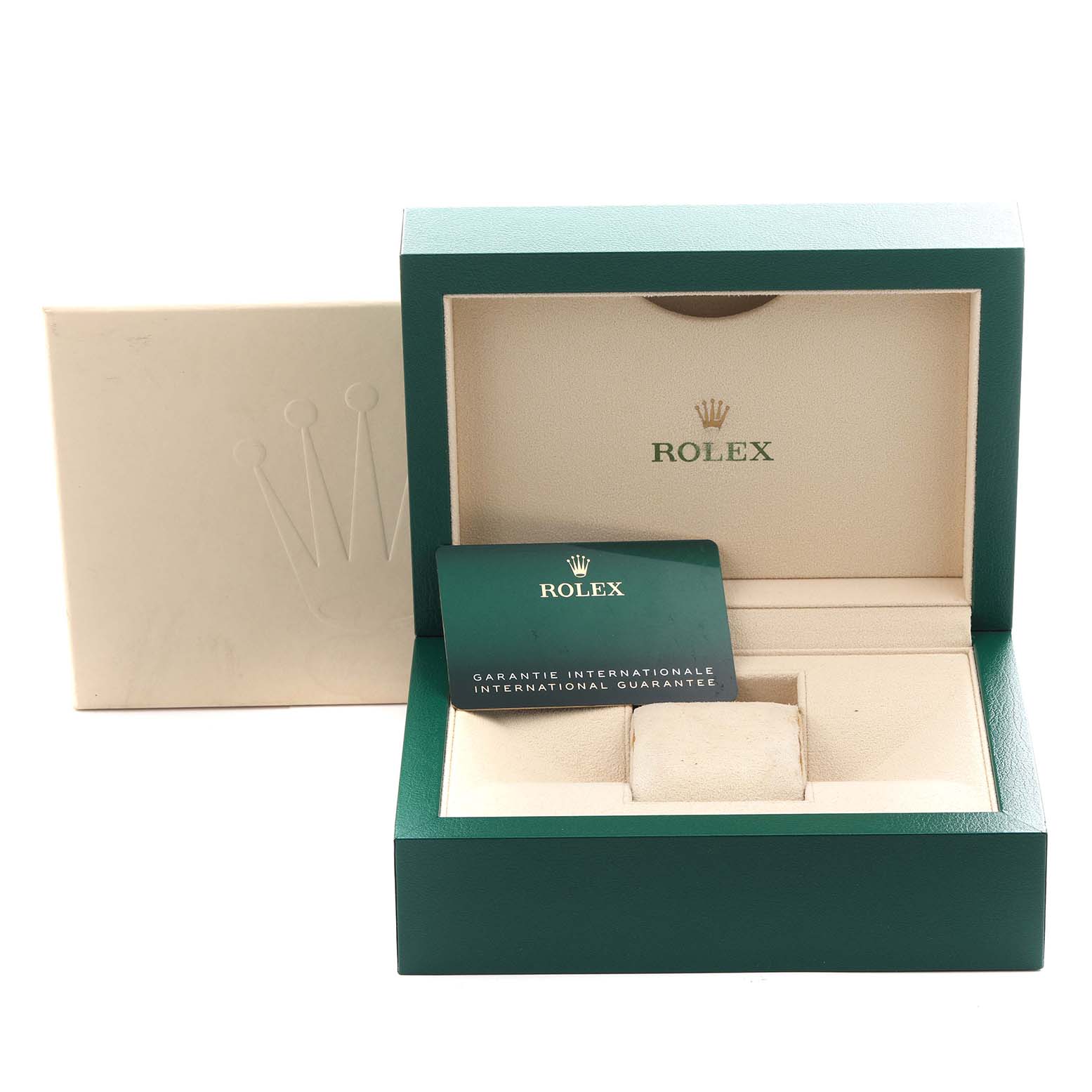 The image shows an open Rolex Oyster Perpetual 124300 Men
s Stainless Steel Blue Dial 124300 Men
s Stainless Steel Blue Dial watch box with a warranty card inside.