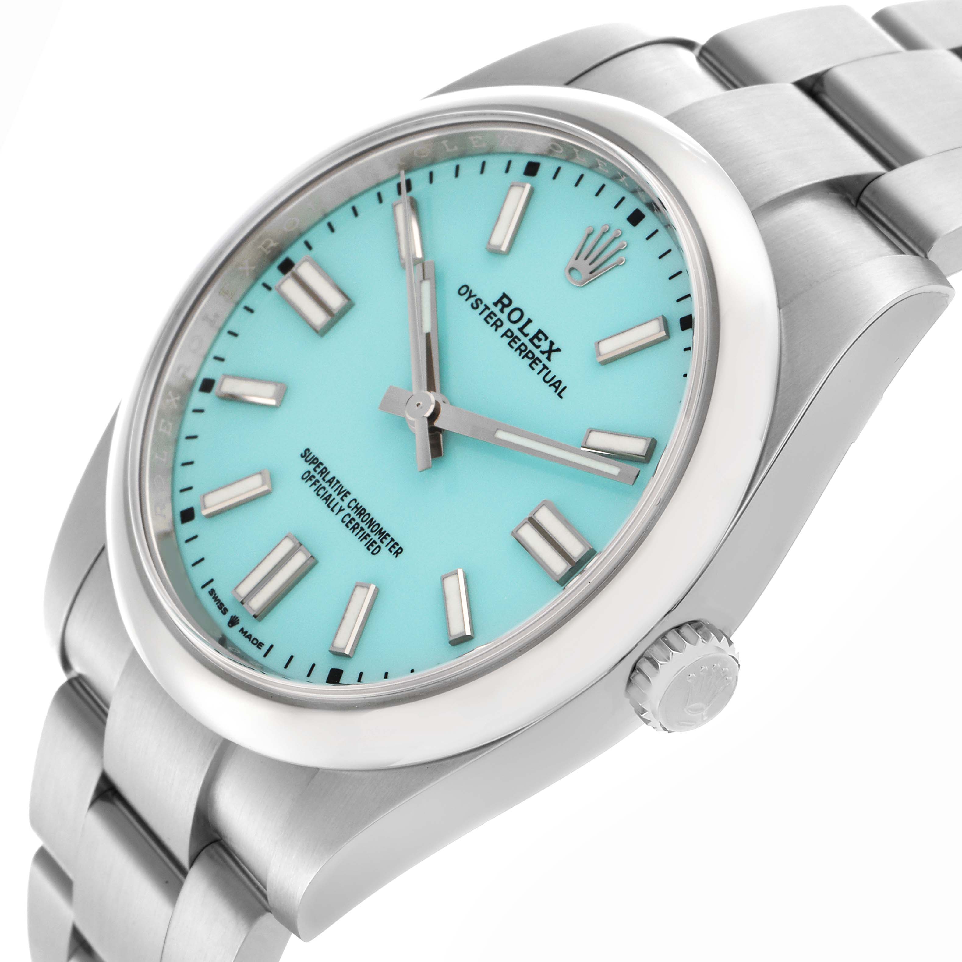 The Rolex Oyster Perpetual 124300 Men
s Stainless Steel Blue Dial 124300 Men
s Stainless Steel Blue Dial watch is shown from a slightly angled top view, displaying the dial, bezel, crown, and bracelet.