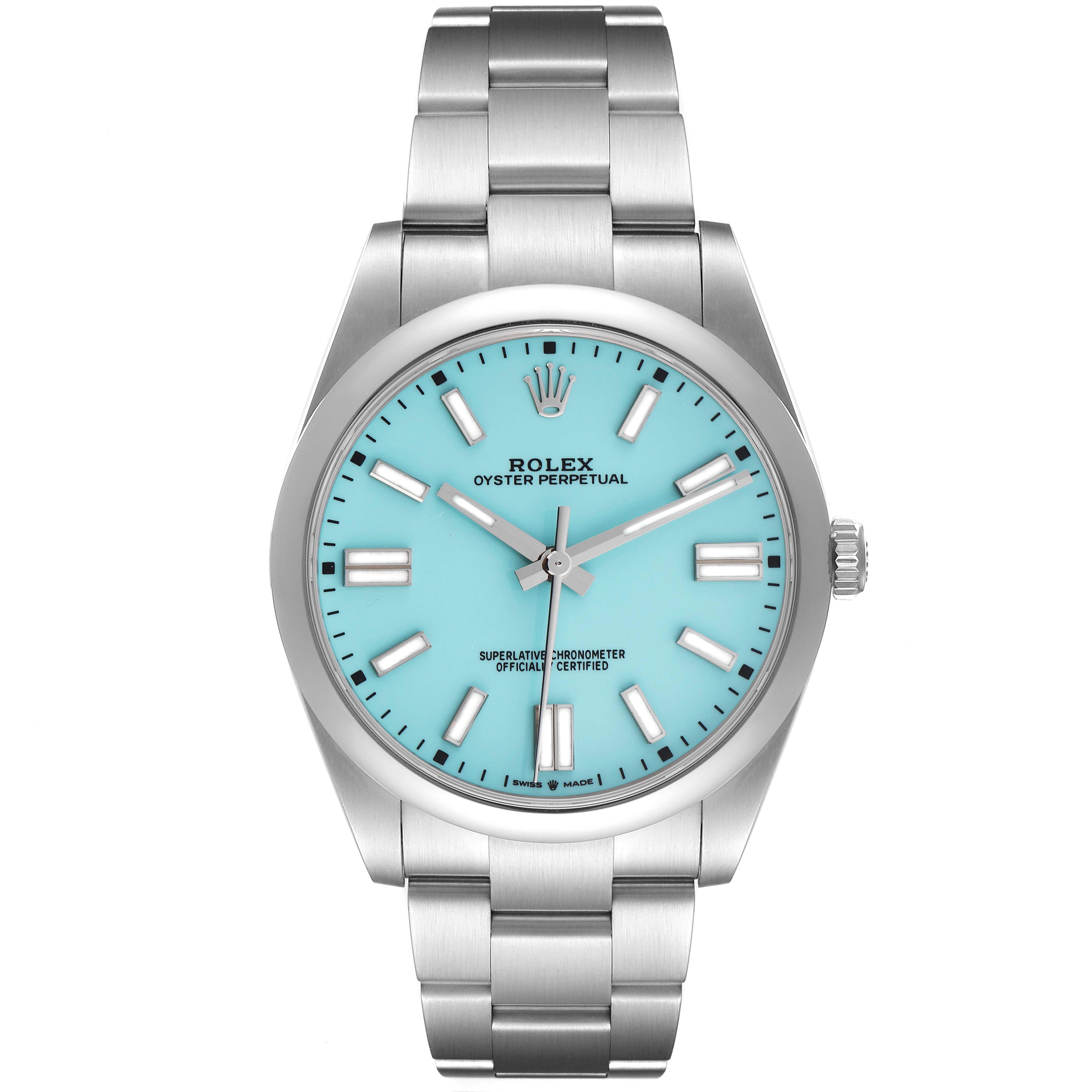 The Rolex Oyster Perpetual 124300 Men
s Stainless Steel Blue Dial 124300 Men
s Stainless Steel Blue Dial watch is shown from a front angle, displaying the face, bezel, and full bracelet.