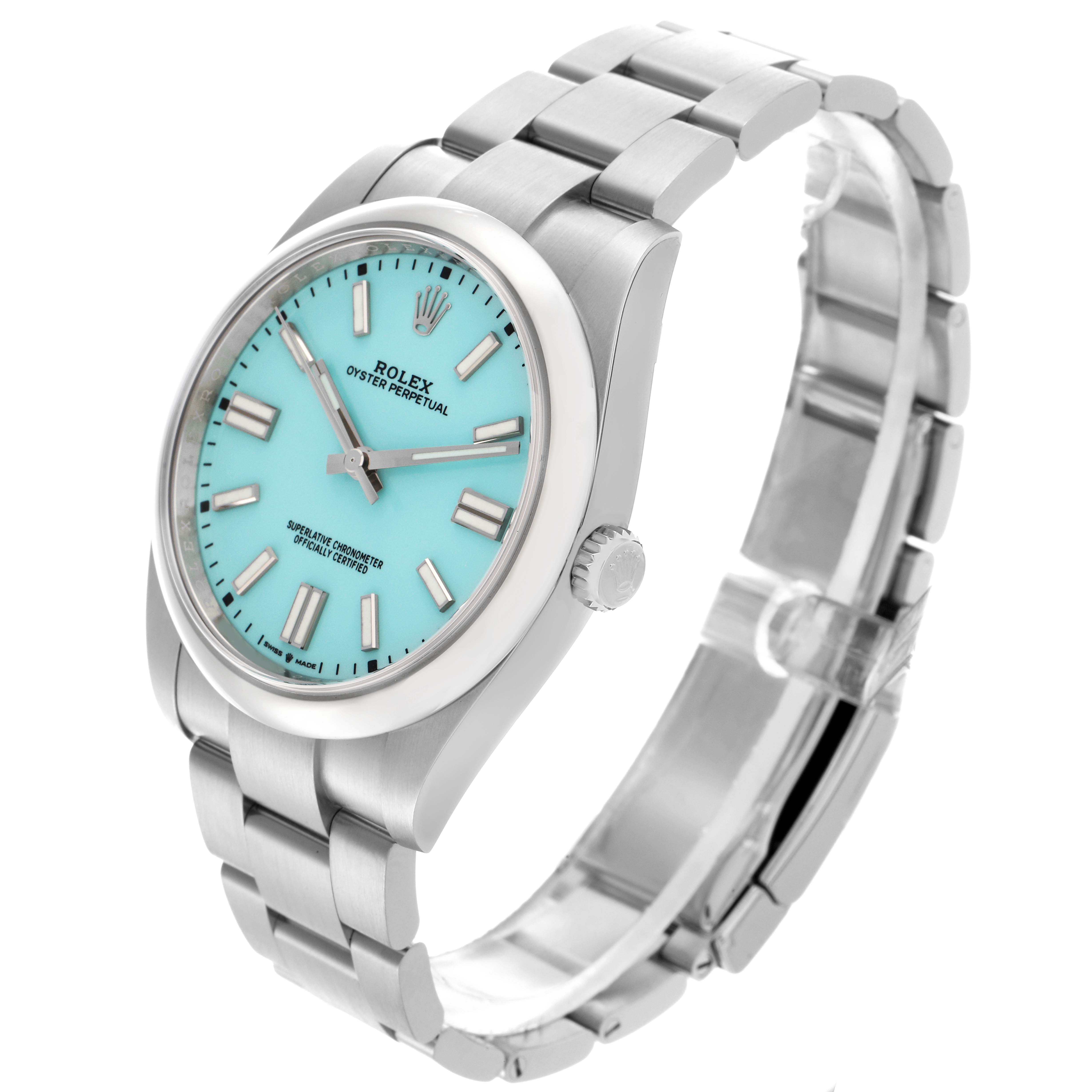 The Rolex Oyster Perpetual 124300 Men
s Stainless Steel Blue Dial 124300 Men
s Stainless Steel Blue Dial watch is shown from a side angle, displaying the face, case, crown, and part of the bracelet.