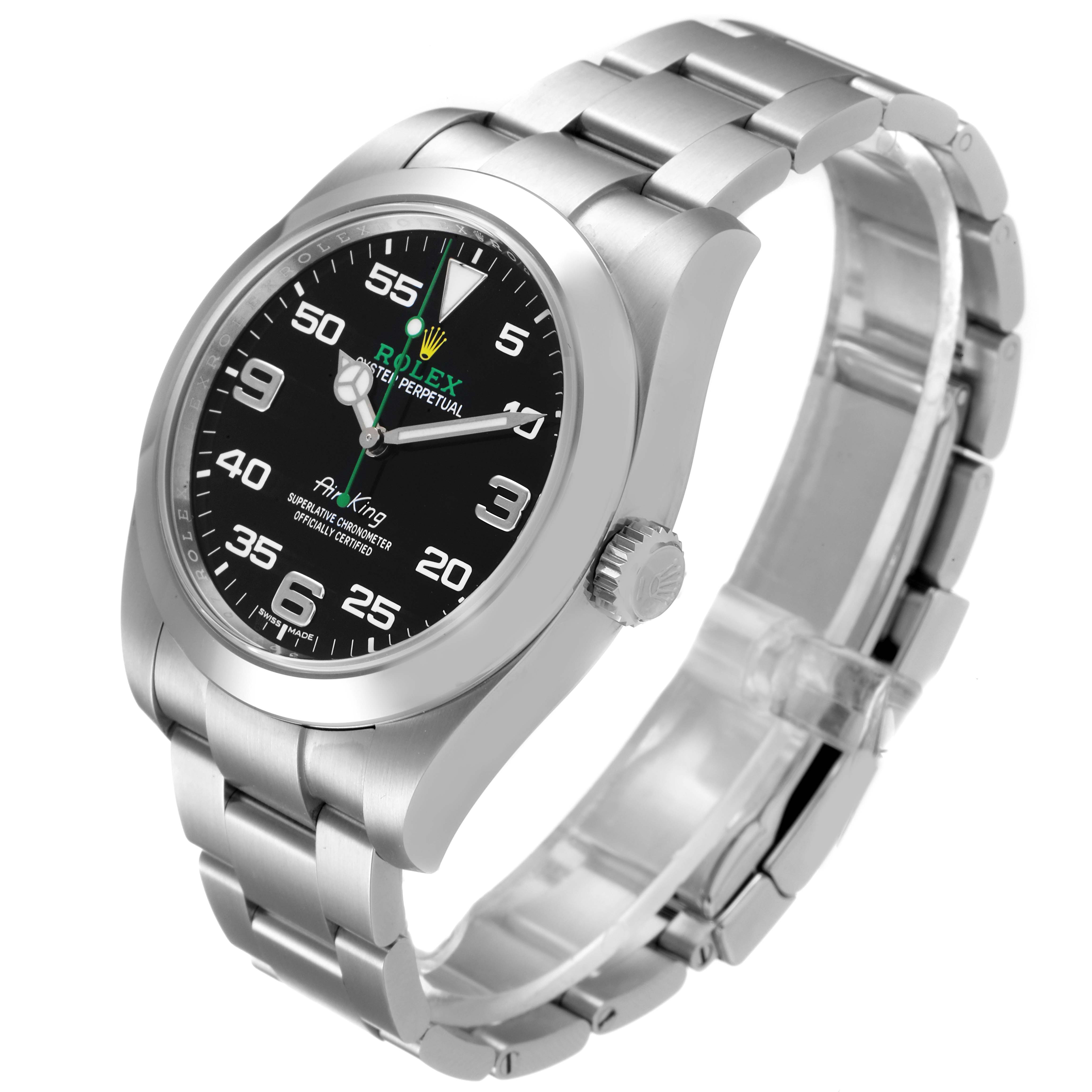 The image shows a Rolex Air-King 116900 Men's Stainless Steel Black Dial 116900 Men's Stainless Steel Black Dial watch at a three-quarter angle, displaying the face, crown, and bracelet.