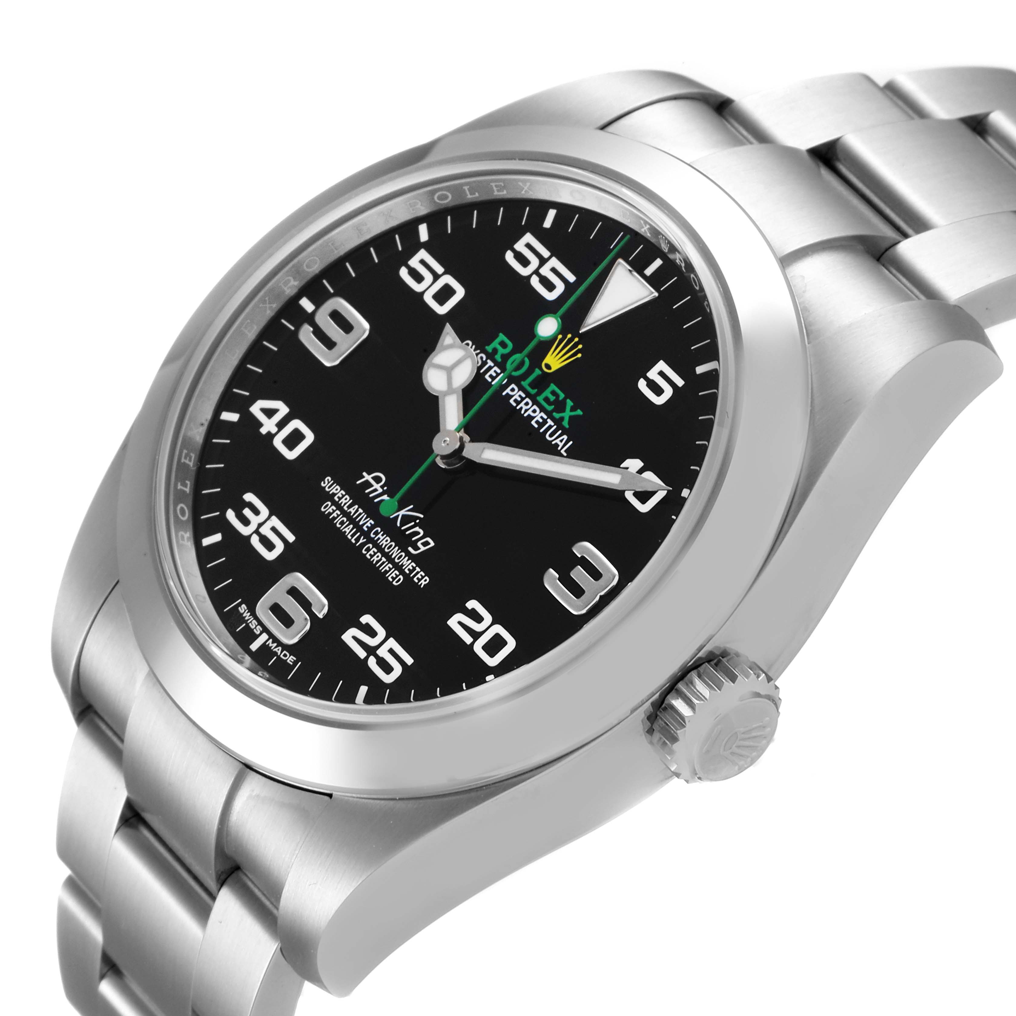 The image shows a side angle view of a Rolex Air-King 116900 Men's Stainless Steel Black Dial 116900 Men's Stainless Steel Black Dial watch, highlighting the face, bezel, crown, and part of the bracelet.