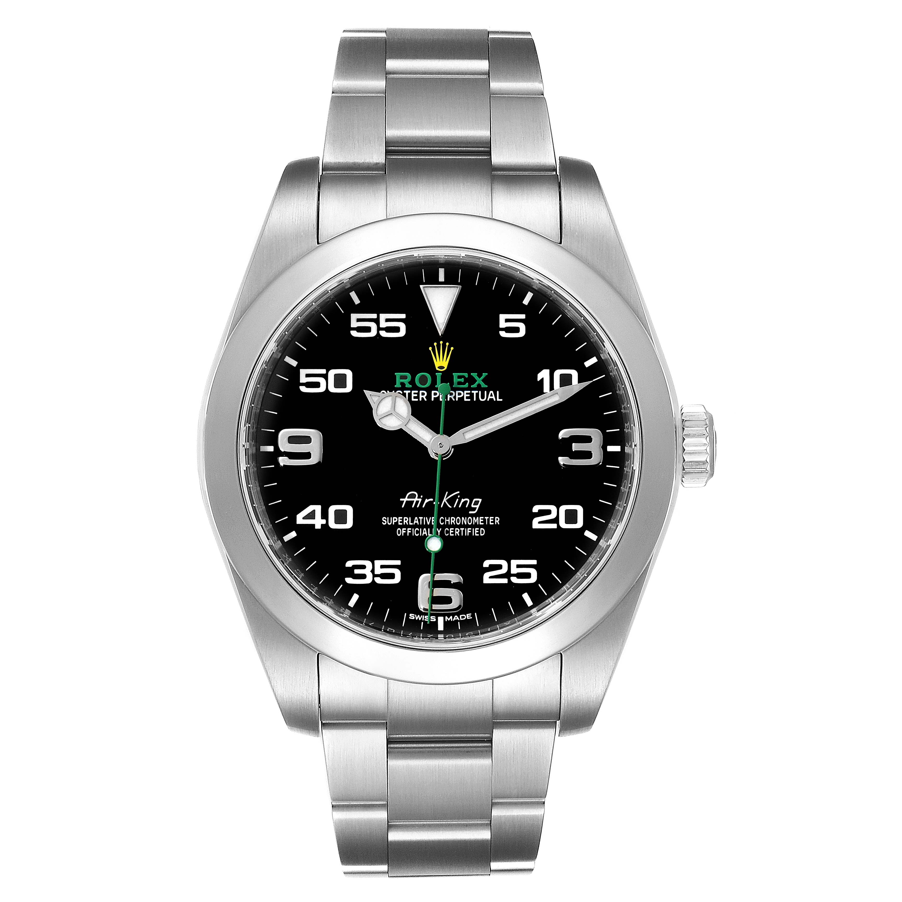 This is a front-facing view of a Rolex Air-King 116900 Men's Stainless Steel Black Dial 116900 Men's Stainless Steel Black Dial watch, showing the dial, bezel, case, crown, and bracelet.